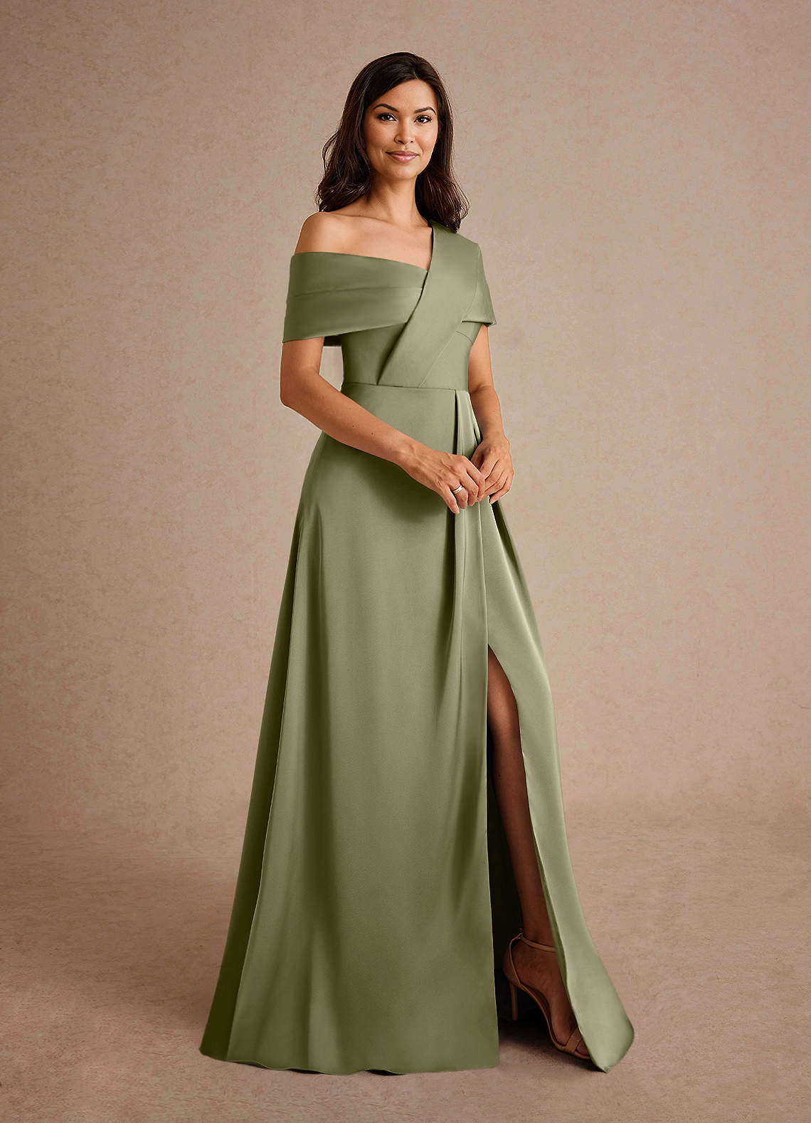 Azazie Milton Mother of the Bride Dresses Pistachio A-Line Pleated Stretch Satin Dress image5