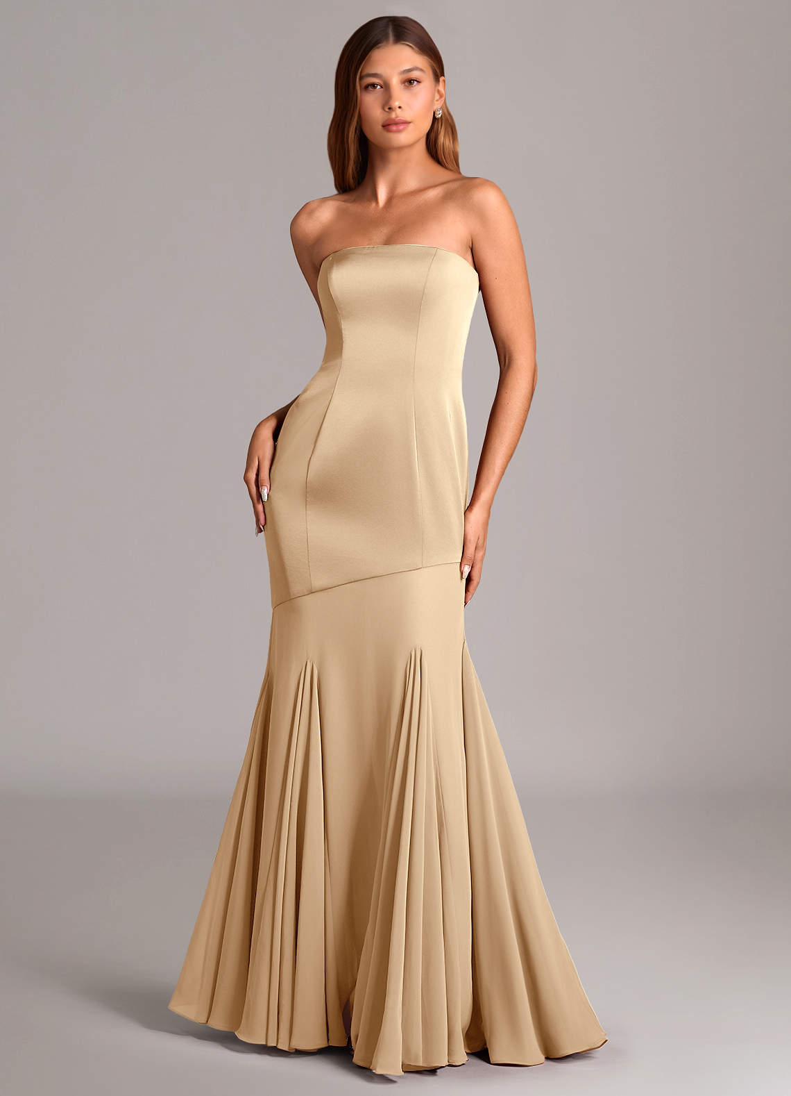 Azazie Uma Bridesmaid Dresses Champagne Mermaid Strapless Chiffon Convertible Dress image1