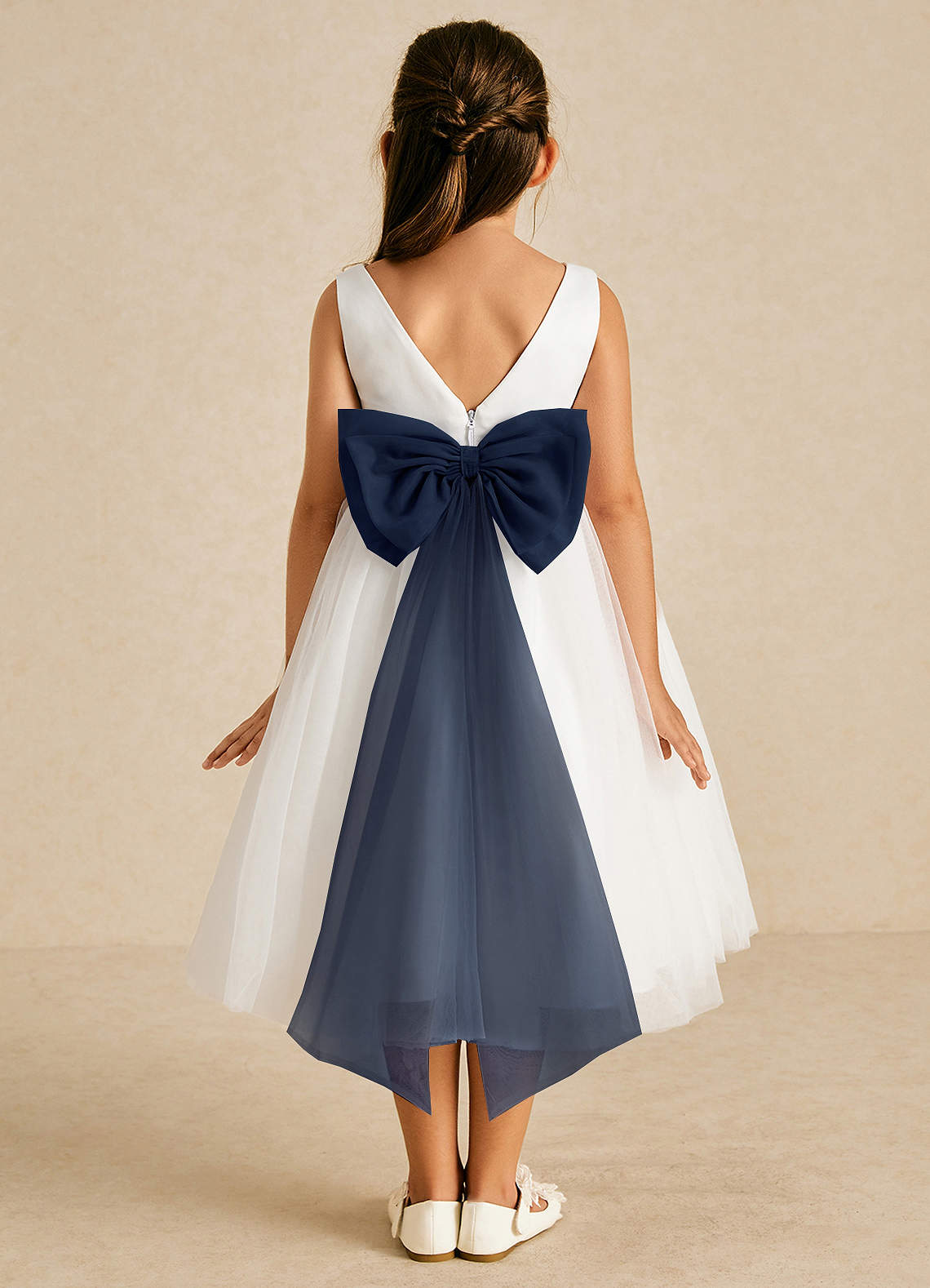 Azazie A-Line Scoop Neck Tea-Length Tulle Flower Girl Dresses - Ivory/Dark Navy