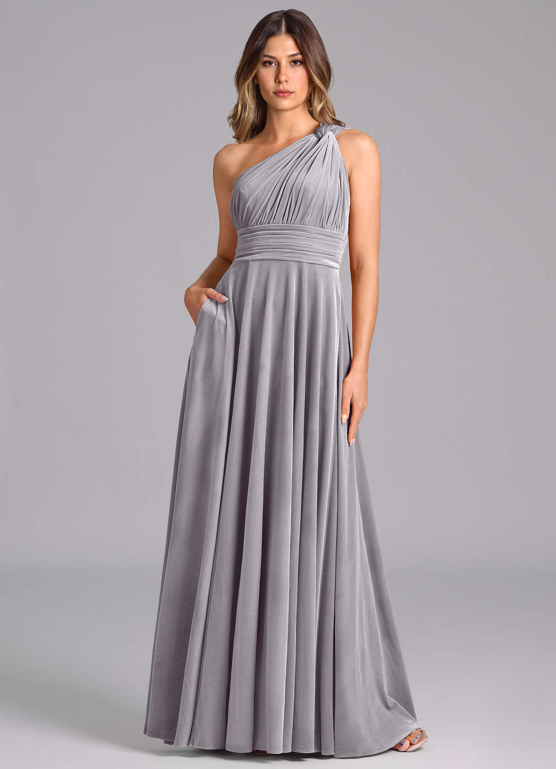 Azazie Charlize Bridesmaid Dresses French Lilac A-Line One Shoulder Velvet Dress image1