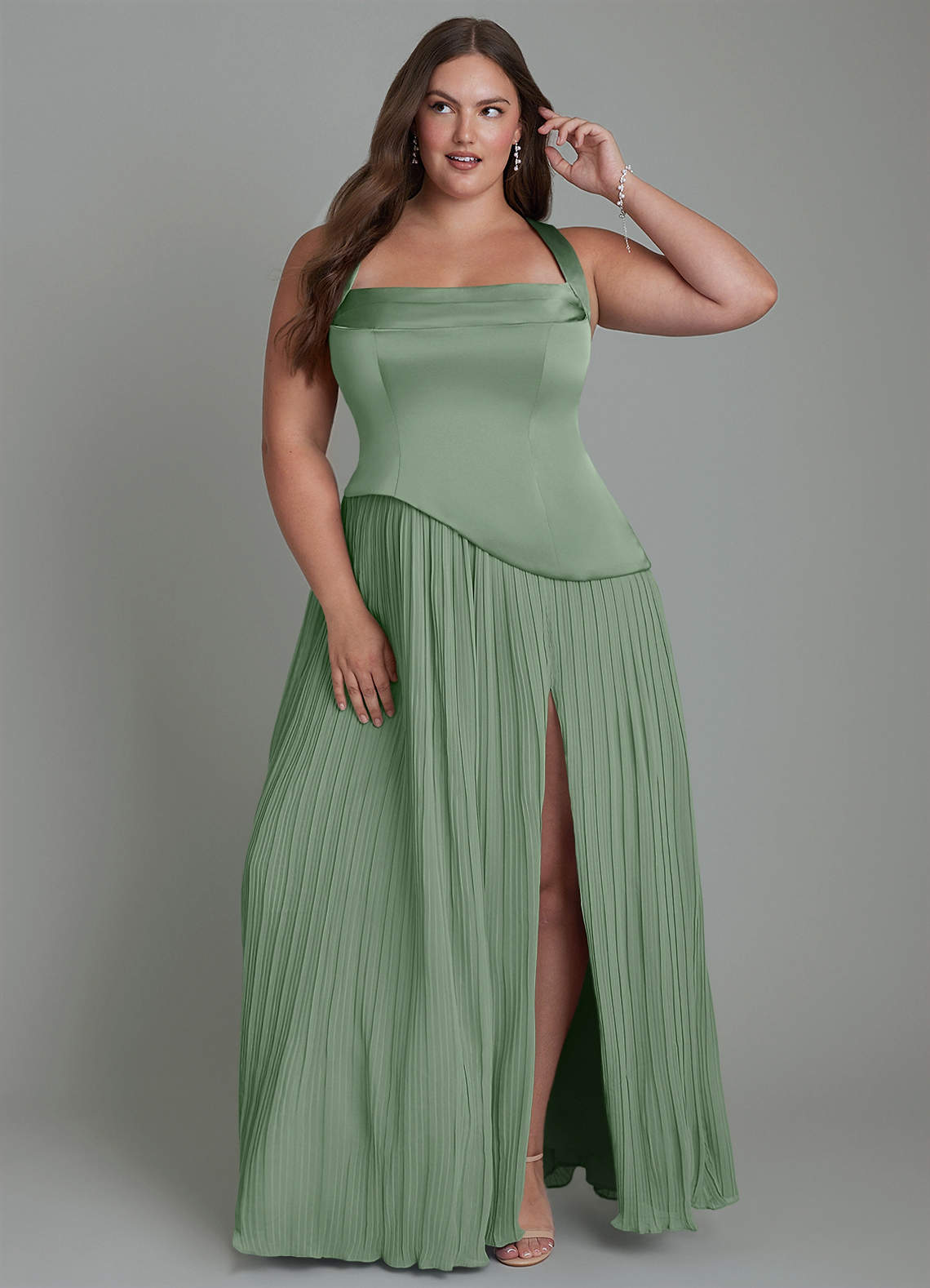 Azazie Stephanie Brudtärnklänningar Klänning av A-linje i Stretch Satin Plisserad Matcha image1