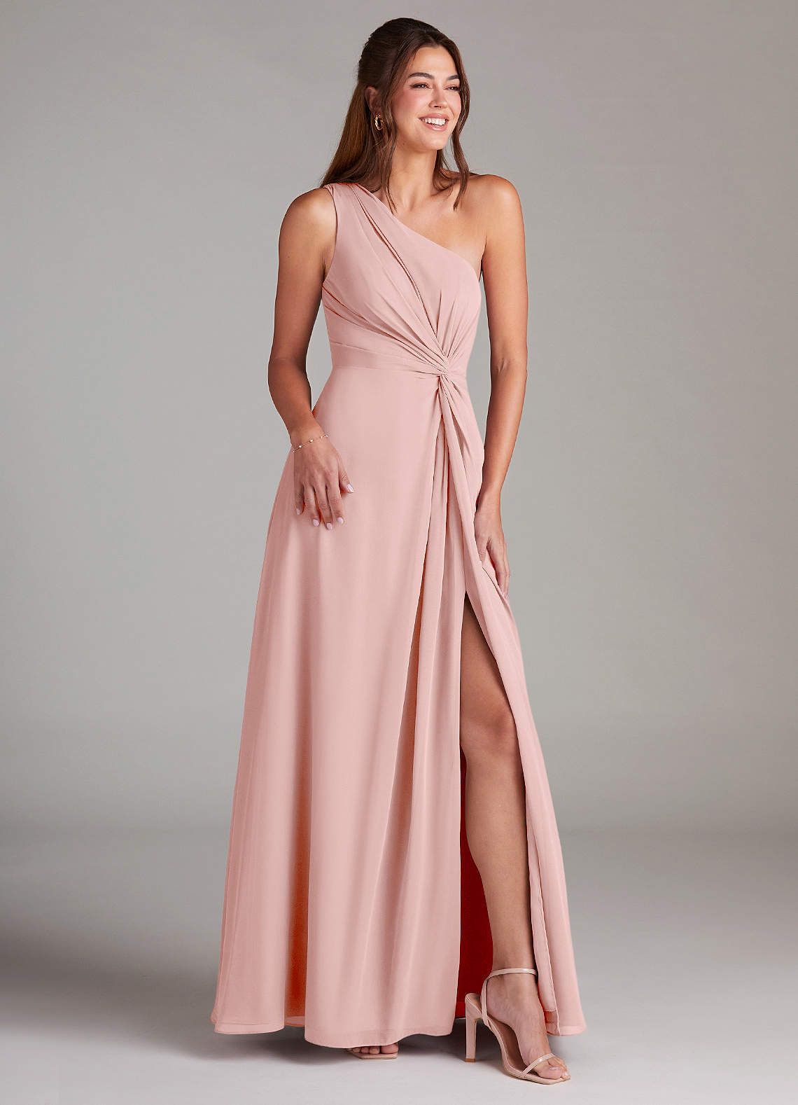 Azazie Brooke Bridesmaid Dresses Powder Pink A-Line One Shoulder Chiffon Dress image3