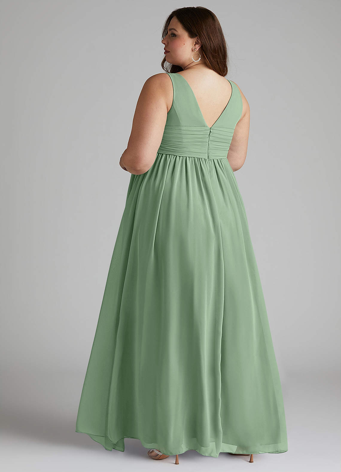 Azazie Yetta At-home Try On Dresses A-Line V-Neck Gathered Chiffon Floor-Length Dress image10