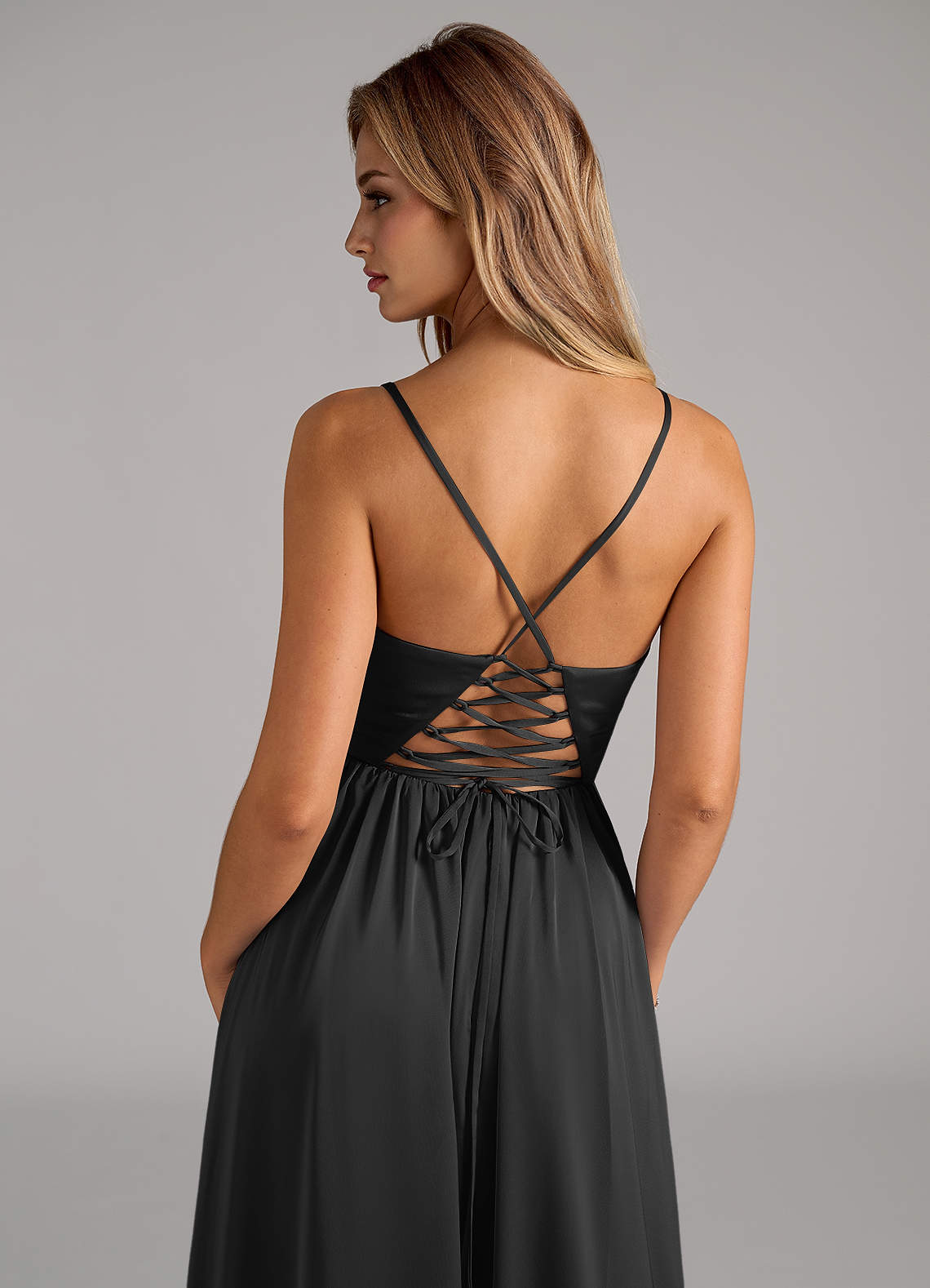 Azazie Aaida Black Stretch Satin Bridesmaid Dresses | Azazie