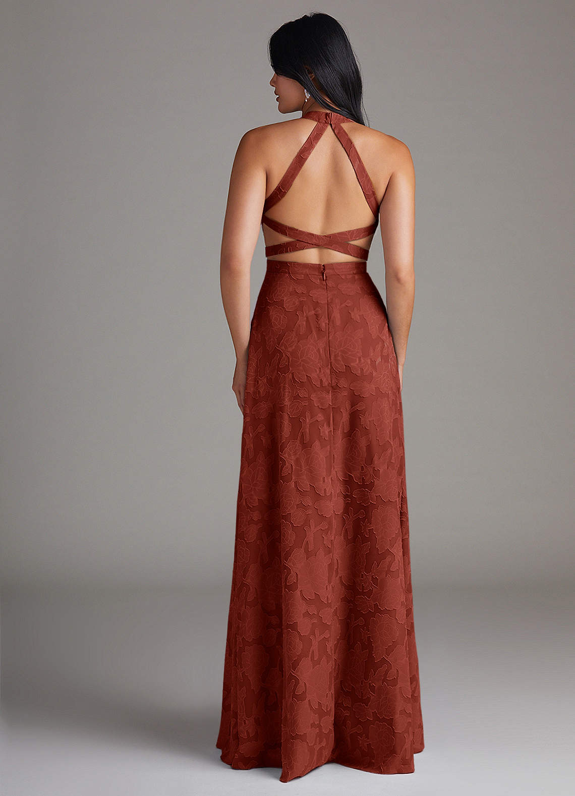 Azazie Clarice Bridesmaid Dresses Terracotta A-Line Side Slit Floral Burnout Dress image1