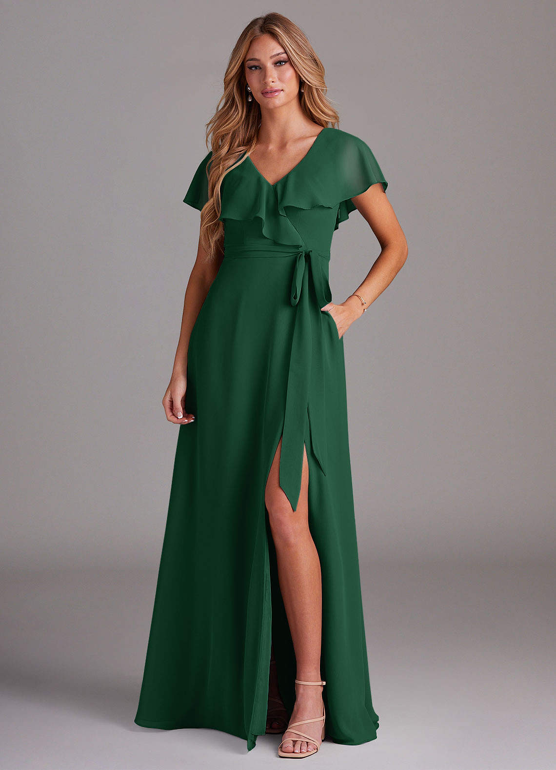Azazie Lainey Bridesmaid Dresses Dark Green A-Line with Pockets Chiffon Dress image1