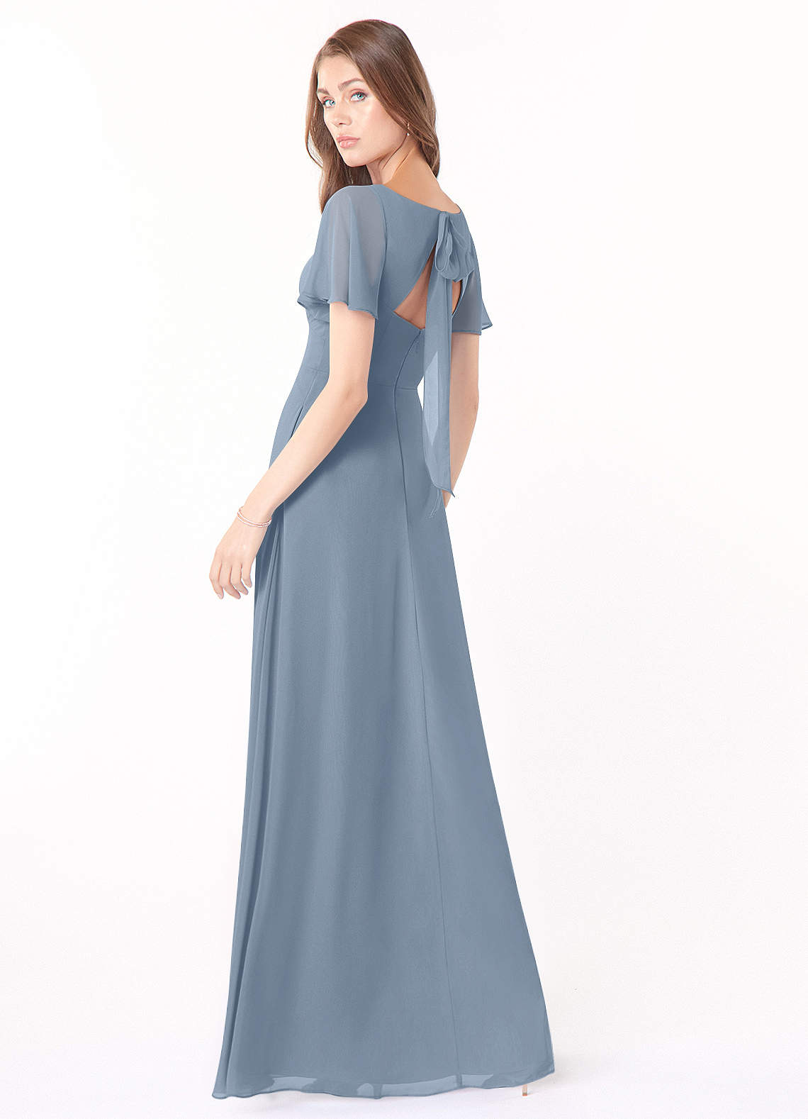 Azazie Kimber Bridesmaid Dresses Dusty Blue A-Line Flounce Sleeve Chiffon Dress image6