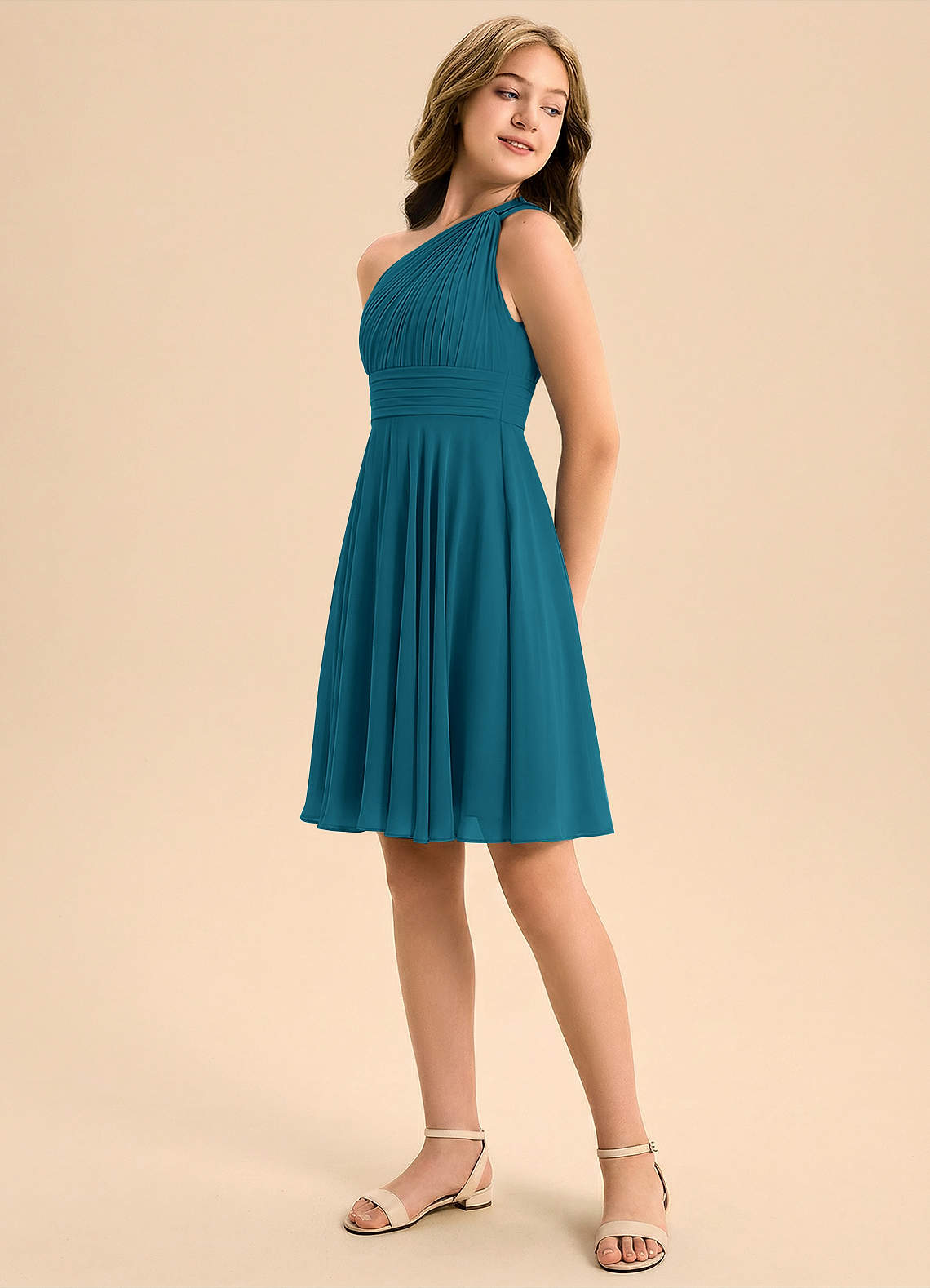 Azazie Charlize Junior A-Line Plisseret Chiffon Mini Junior brudepige Kjole image3