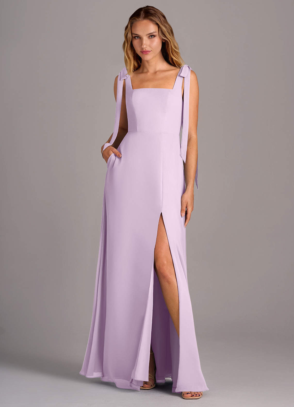 Azazie Debra Vestidos de madrinha de casamento Vestir Lilás Fosco de Chiffon de Linha A com com bolsos image1