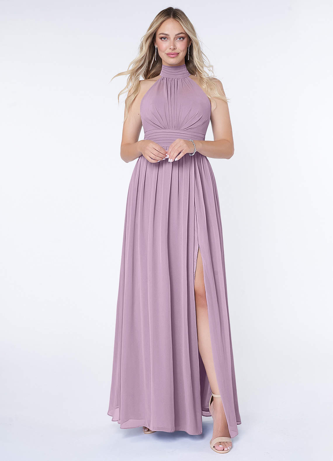 Azazie Iman Robes de demoiselle d'honneur Robe Trapèze en Mousseline de soie Ligne A froncée Glycine image1