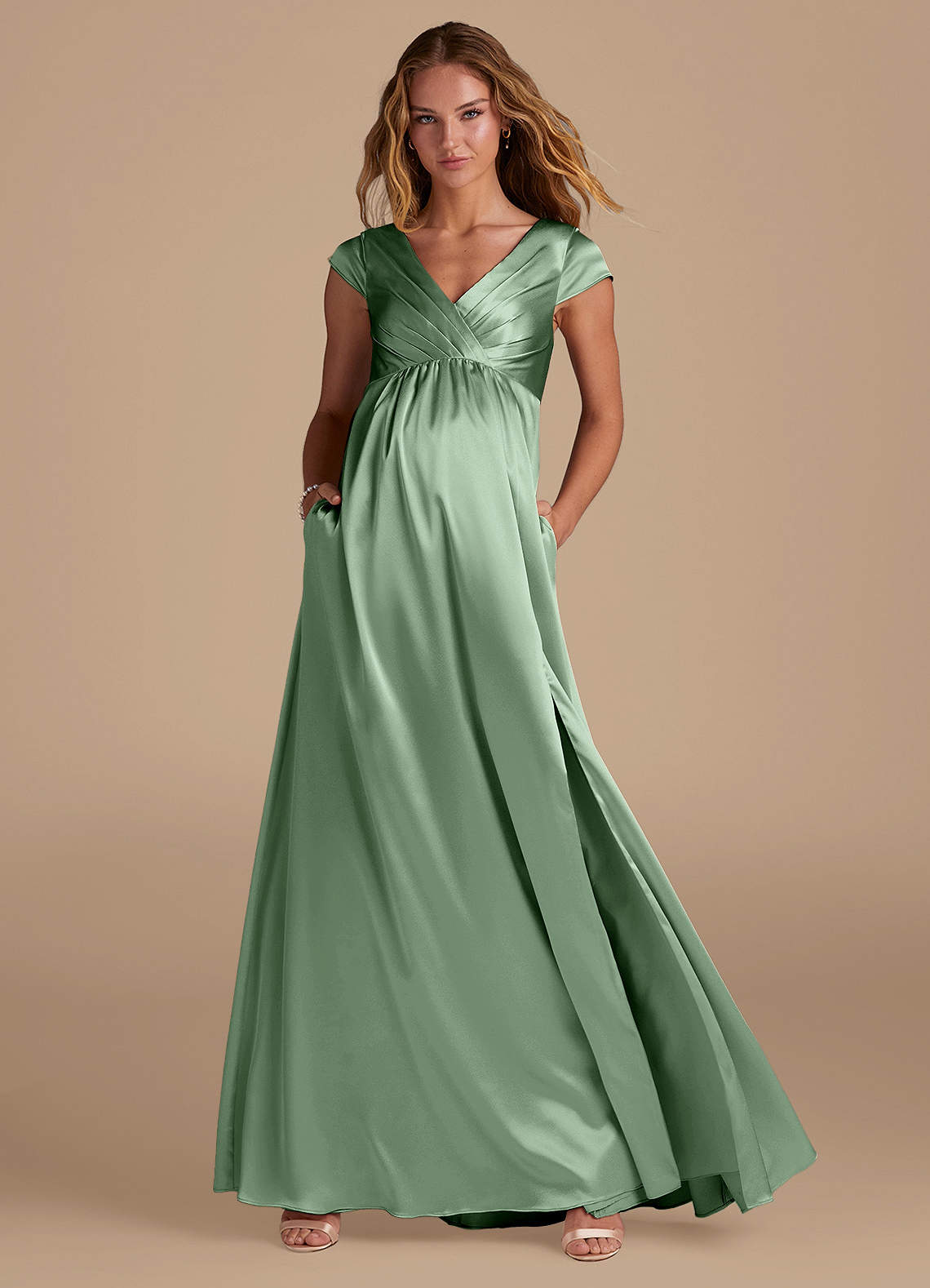 Azazie Allessia Maternity Bridesmaid Dresses A-Line Metallic Satin Floor-Length Dress image1
