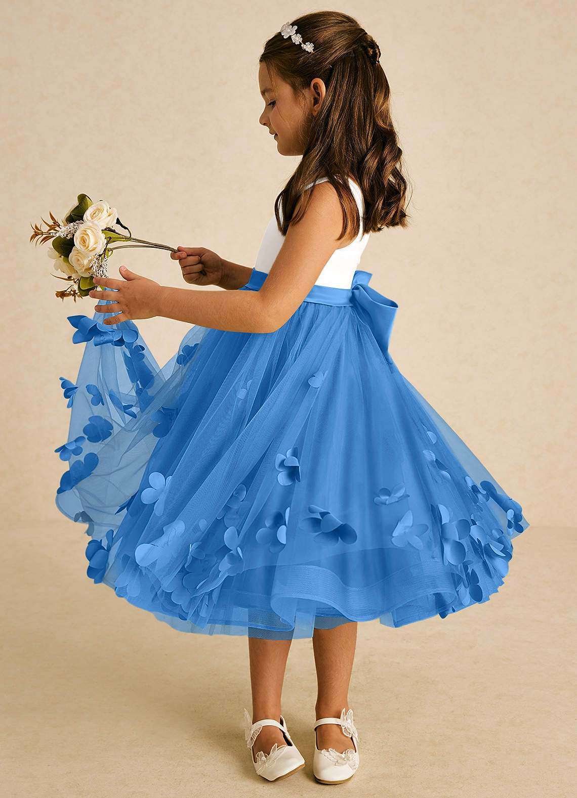 Azazie Sprout Flower Girl Dresses Blue Jay A-Line Bow Tulle Dress image3