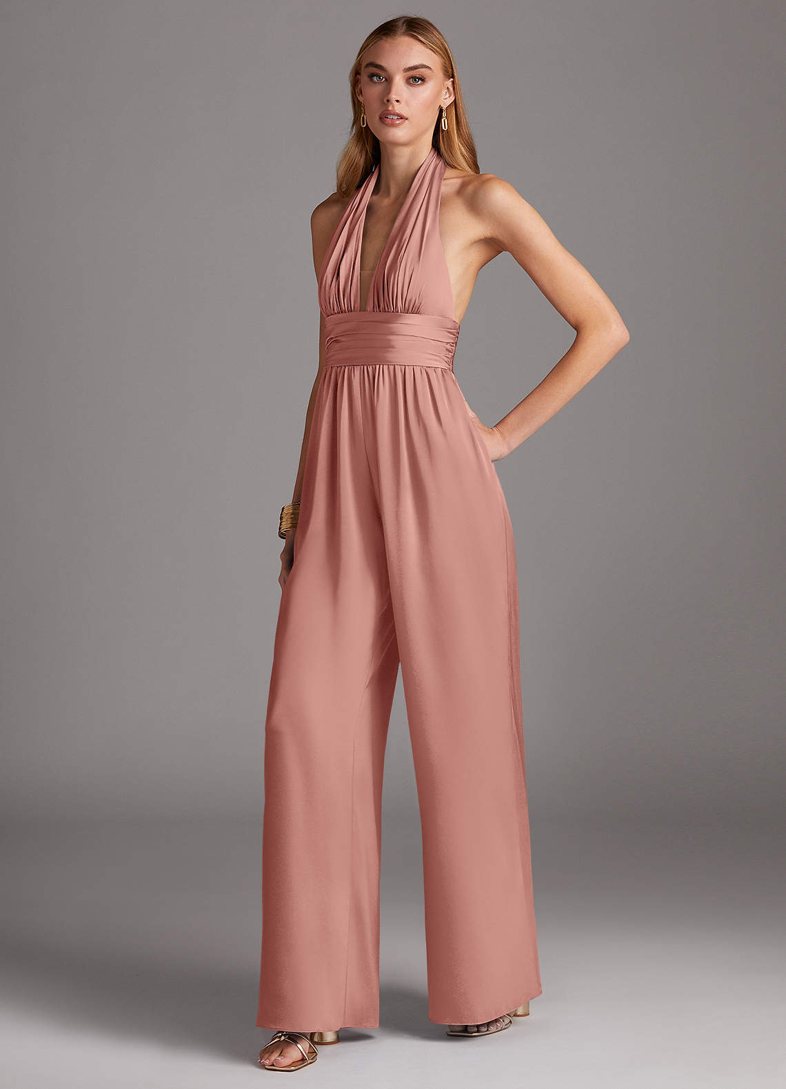 Azazie Oli Bridesmaid Dresses Rosette Pleated Stretch Satin Jumpsuit image1