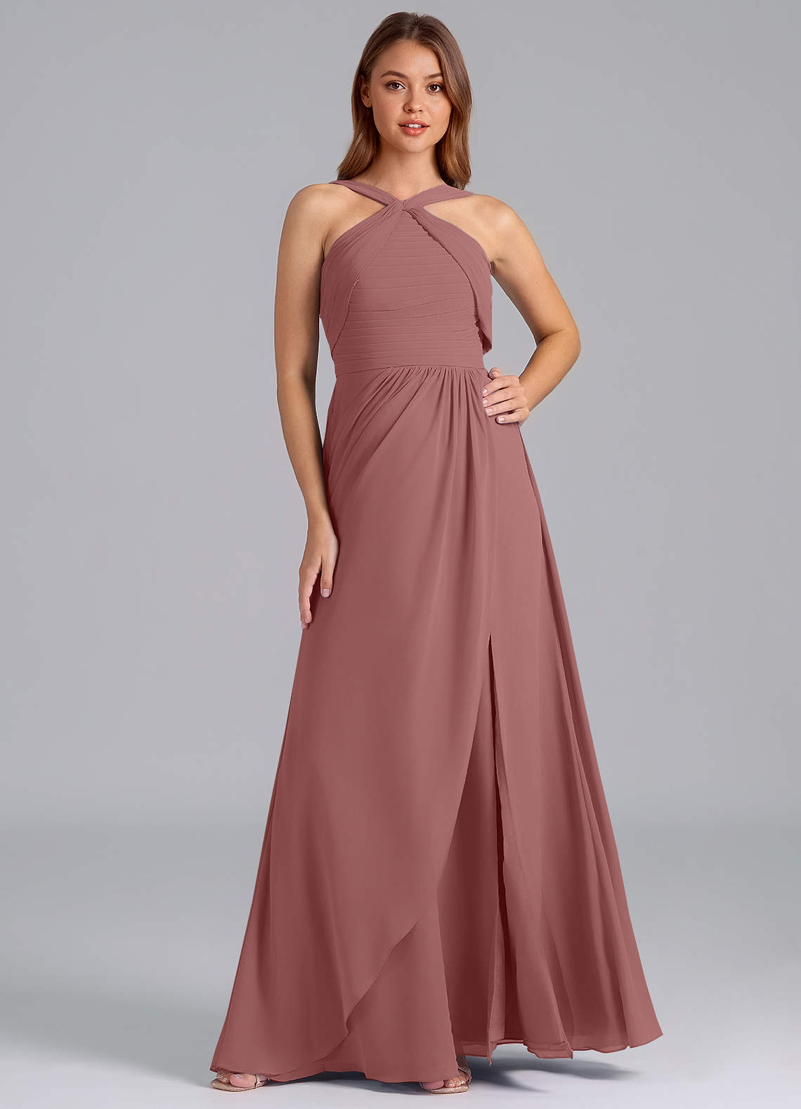 Azazie Mianna Bridesmaid Dresses Desert Rose A-Line Pleated Chiffon Dress image1