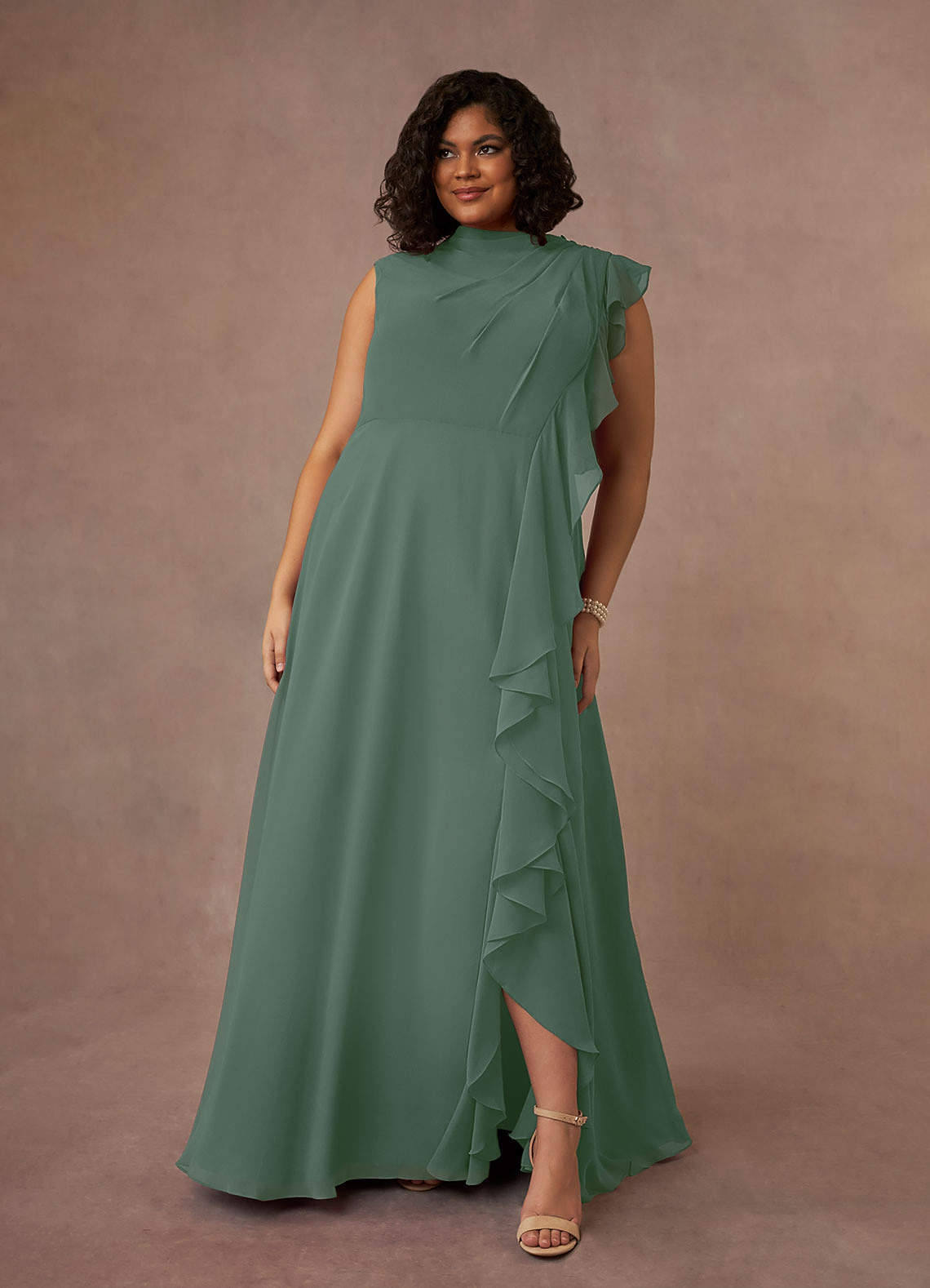 Azazie Narine Mother of the Bride Dresses Eucalyptus A-Line High Neckline Pleated Chiffon Dress image9