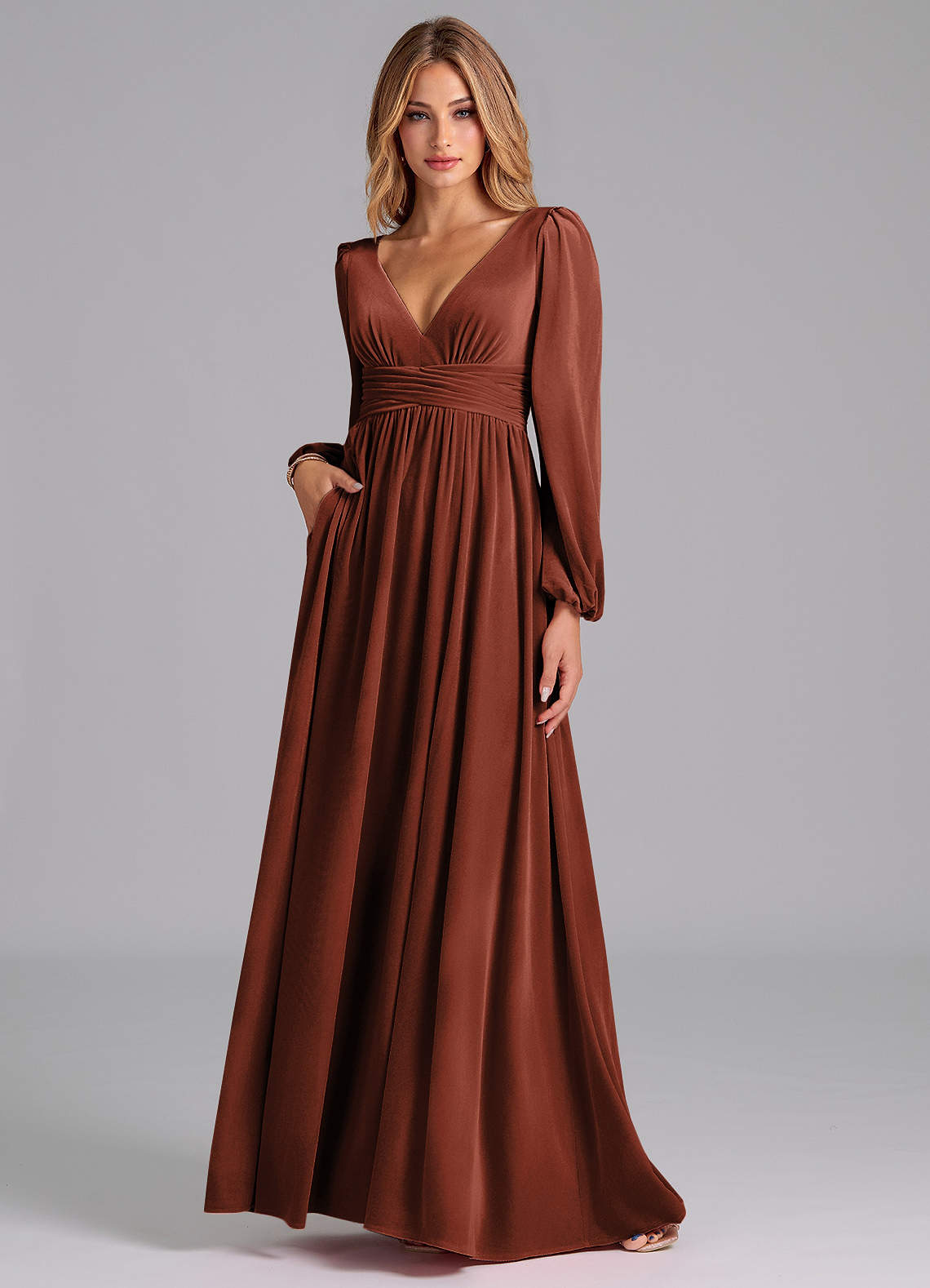 Azazie Norah Bridesmaid Dresses Terracotta A-Line Long Sleeve Velvet Dress image1