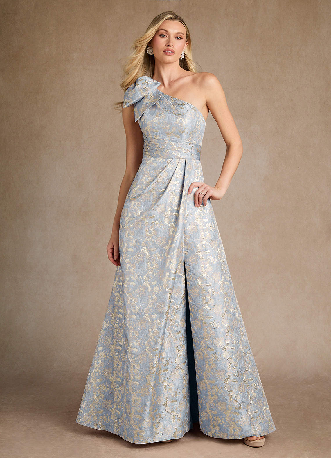 Azazie Easton Mother of the Bride Dresses Dusty Blue A-Line One Shoulder Jacquard Dress image1