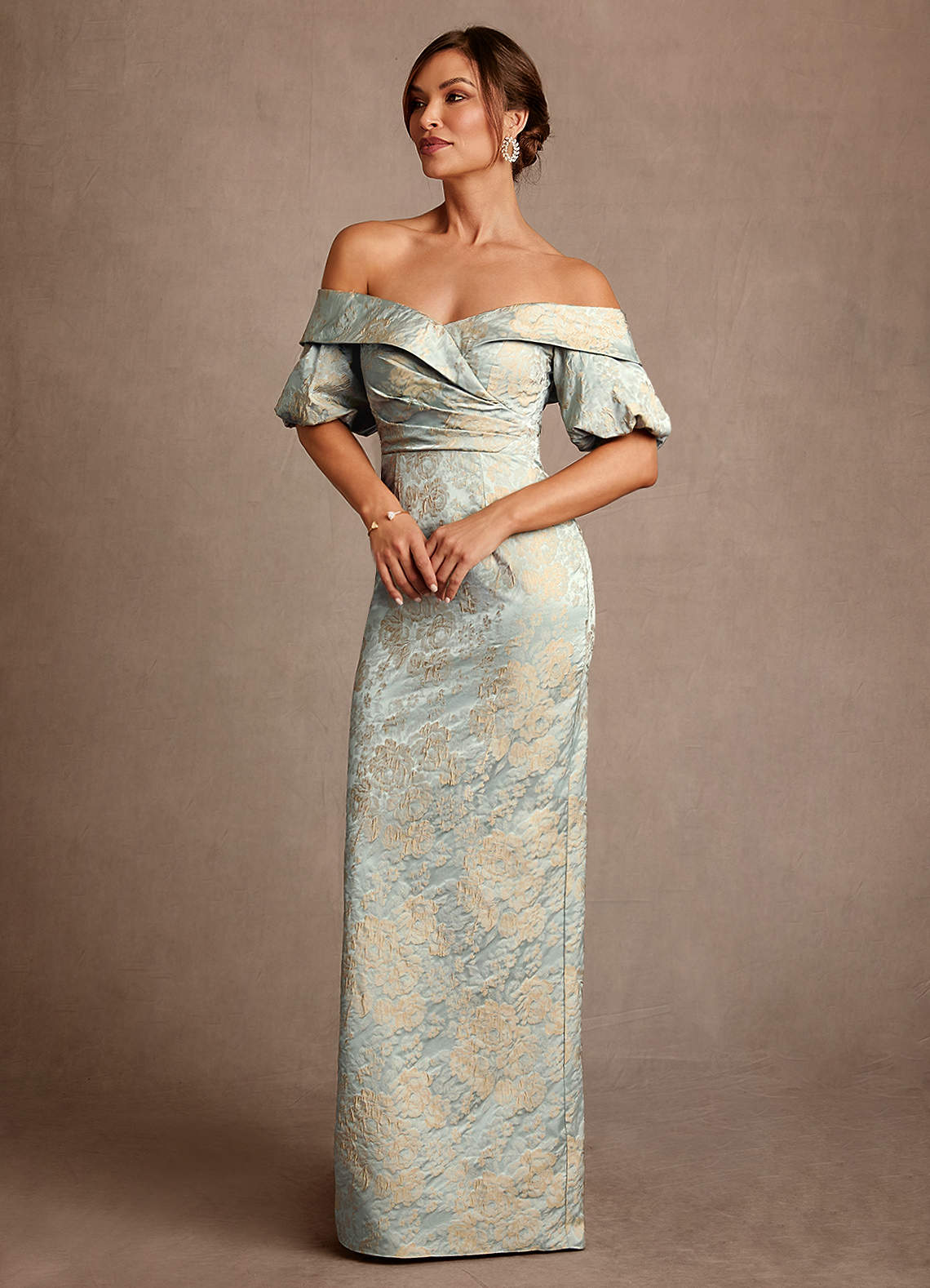 Azazie Golda Mother of the Bride Dresses Vintage Blue Sheath Off the Shoulder Jacquard Dress image2