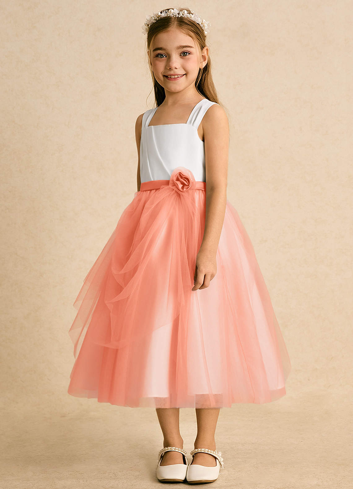 Azazie Bonny vestidos de niña de las flores Vestido de Marfil Ocaso de Tul de Princesa con Plisado image1