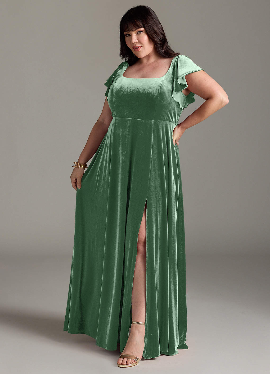 Azazie Bondi Robes de demoiselle d'honneur Robe Trapèze en velours Fente Latérale Eucalyptus image9