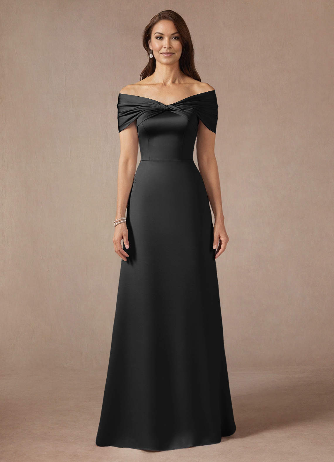 Azazie Amelia Black A-Line Off the Shoulder Stretch Satin Dress