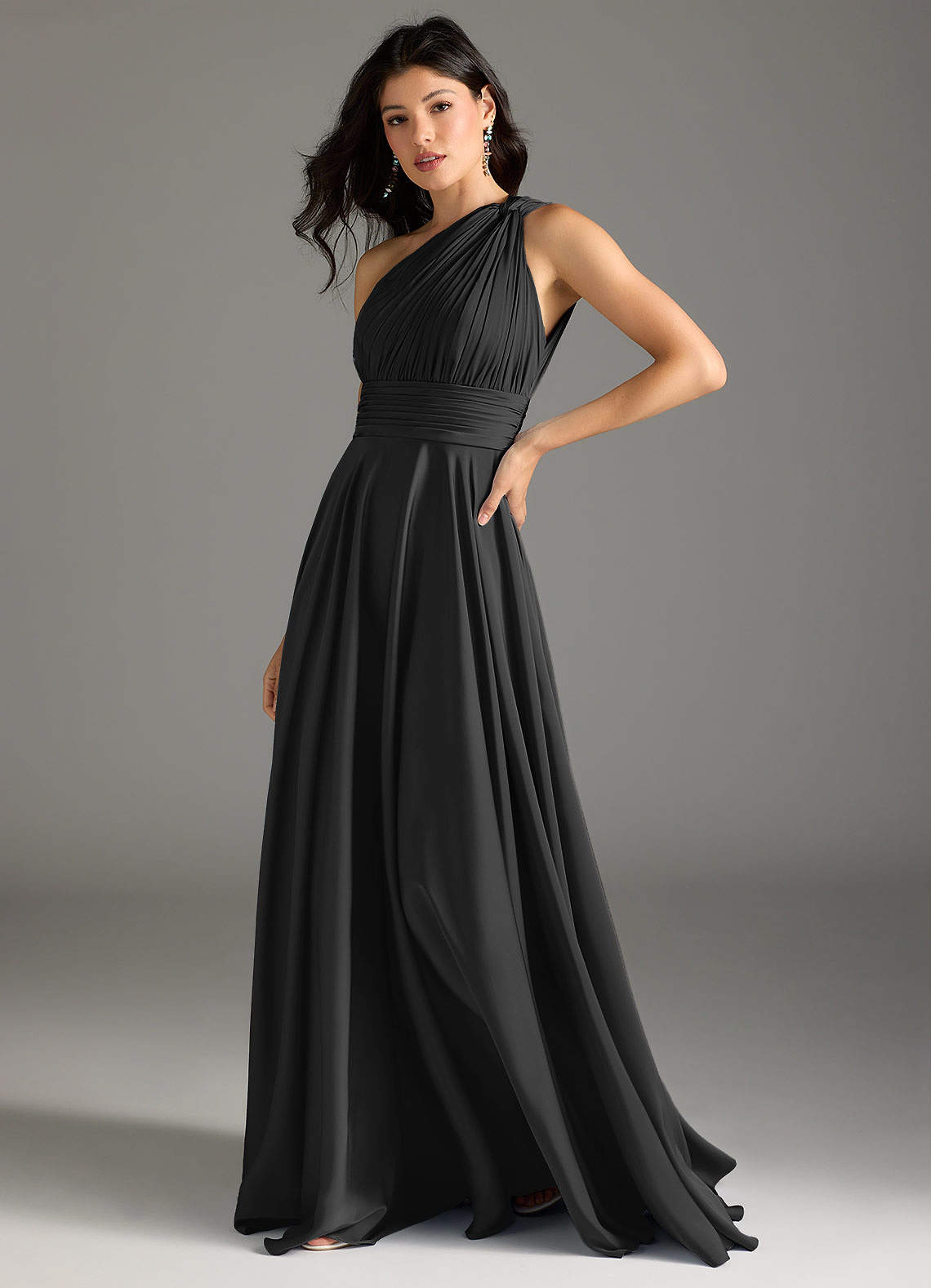 Azazie Charlize Bridesmaid Dresses Black A-Line One Shoulder Stretch Satin Dress image3