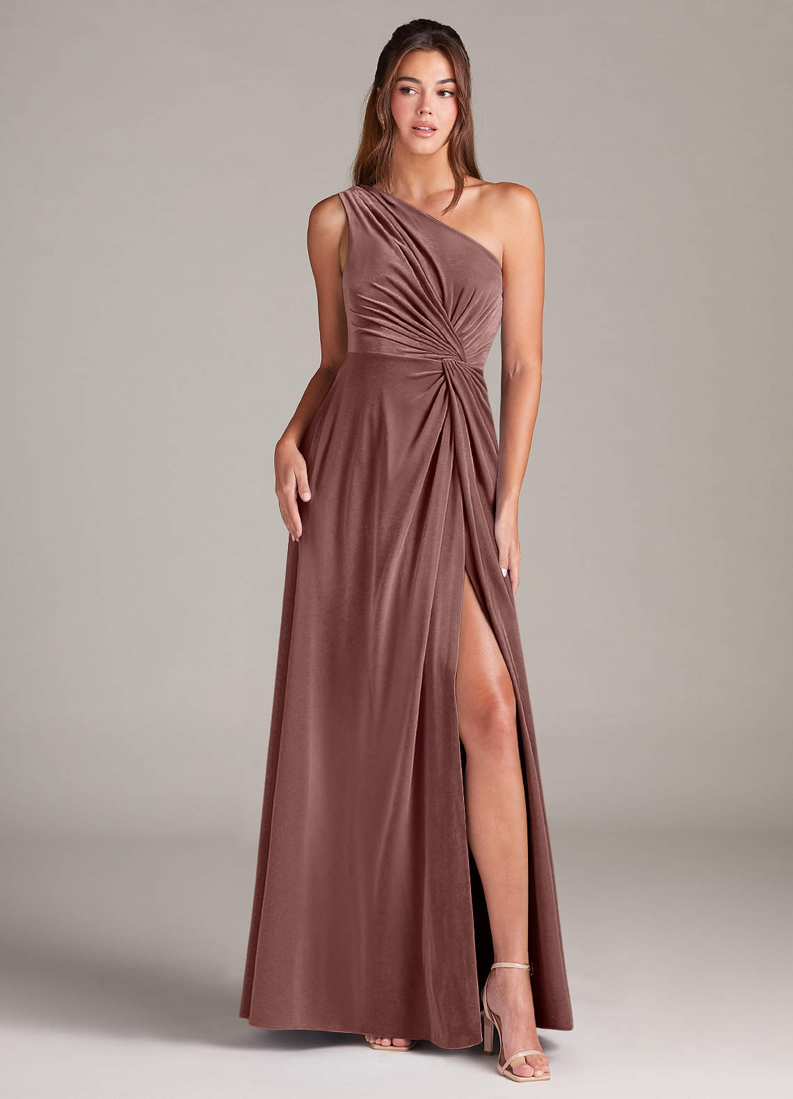 Azazie Brooke Bridesmaid Dresses Espresso A-Line One Shoulder Velvet Dress image1