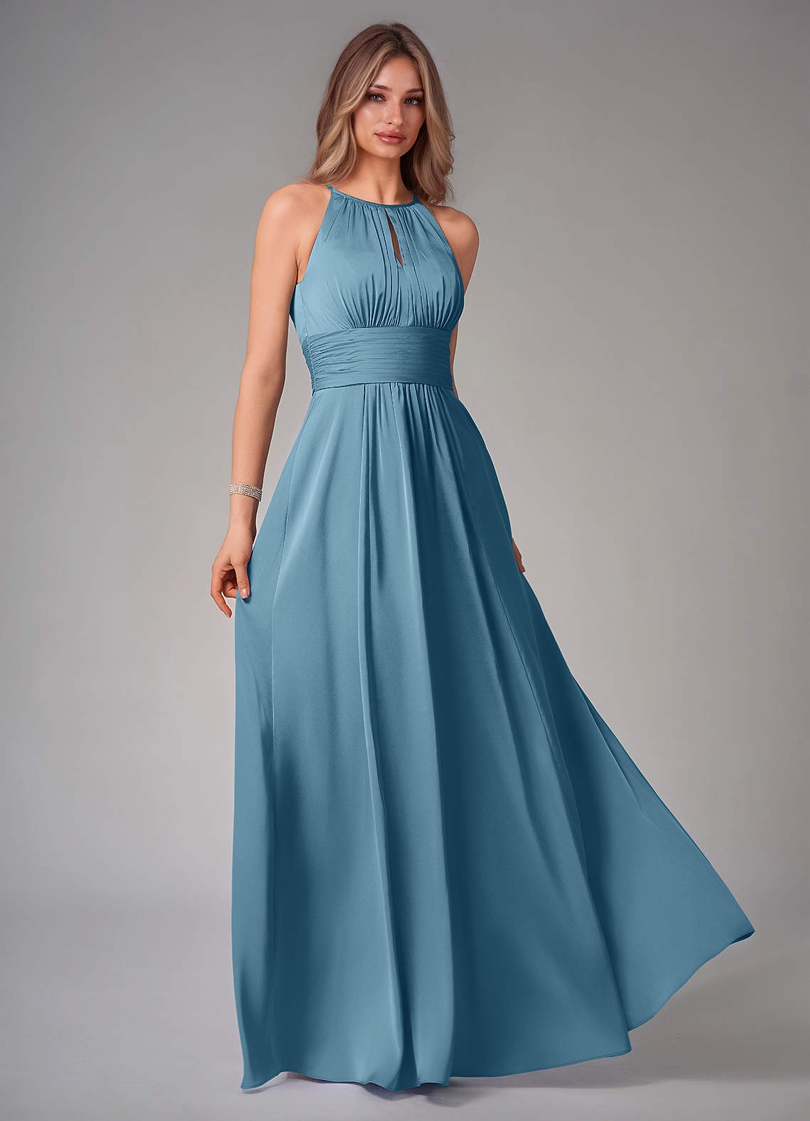 Azazie Bonnie Bridesmaid Dresses Bermuda A-Line Pleated Stretch Satin Dress image1