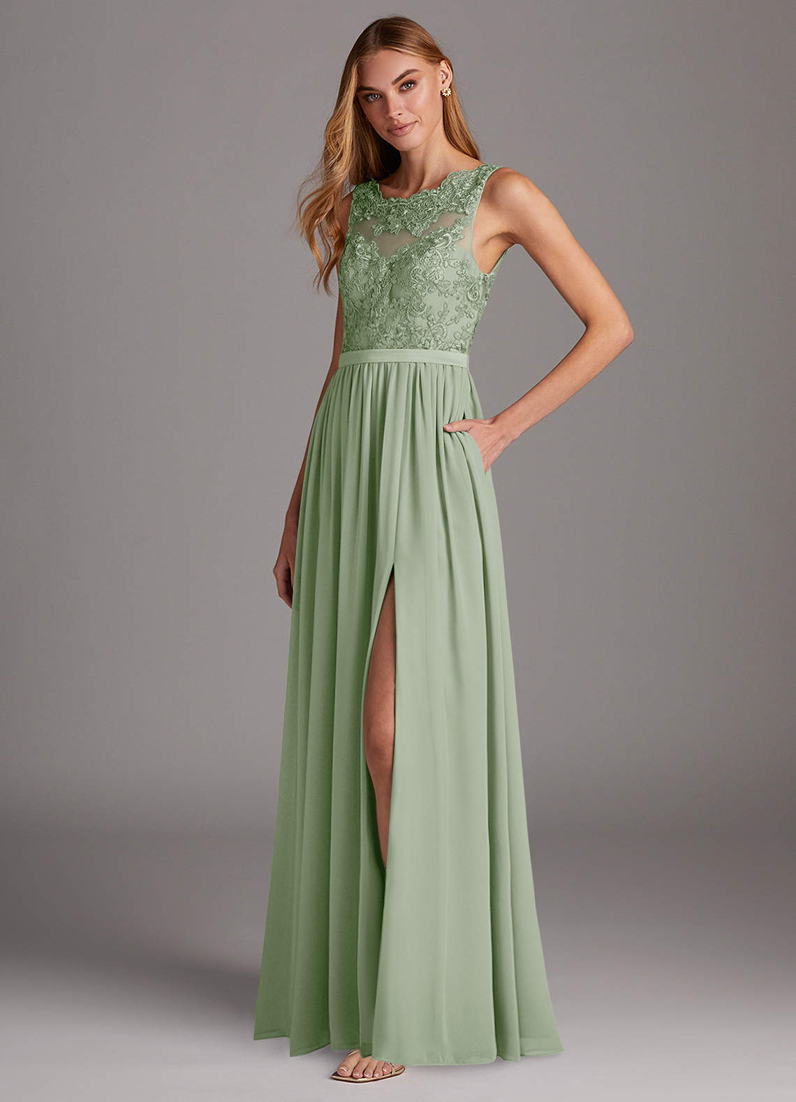 Azazie Elly Bridesmaid Dresses Dusty Sage A-Line Lace Scoop Neck Chiffon Dress image1