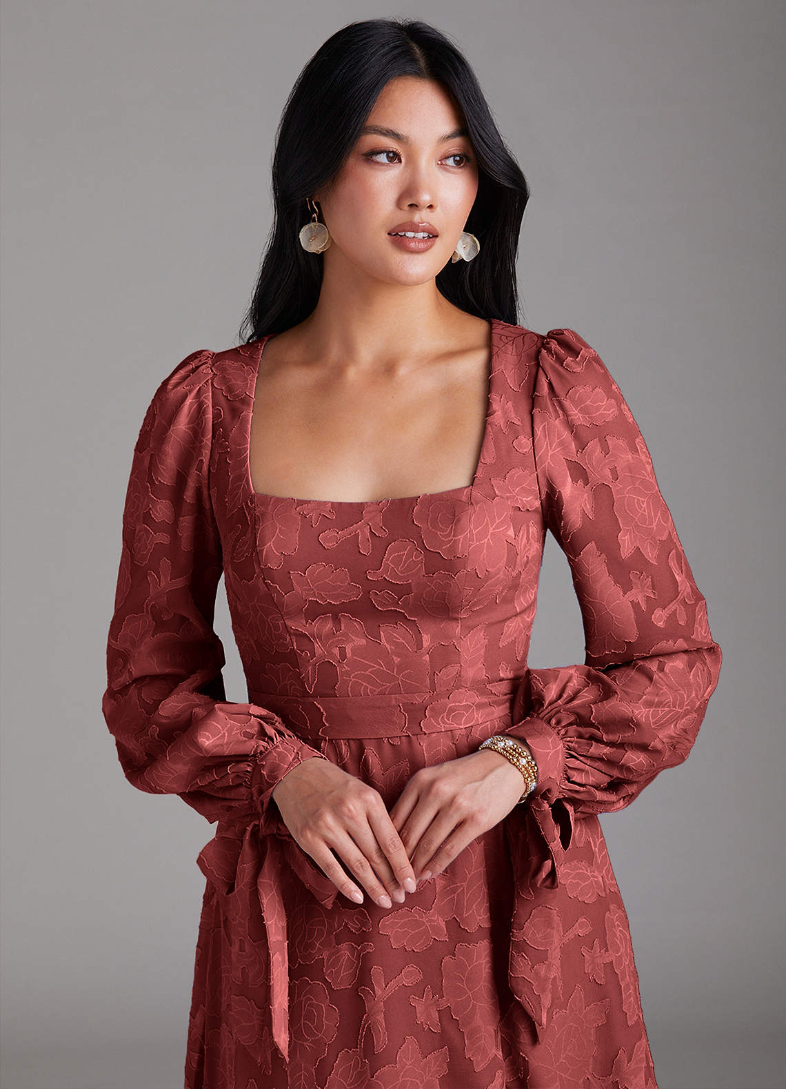 Azazie Leonia At-home Try On Dresses Terracotta A-Line Long Sleeve Floral Burnout Dress image5