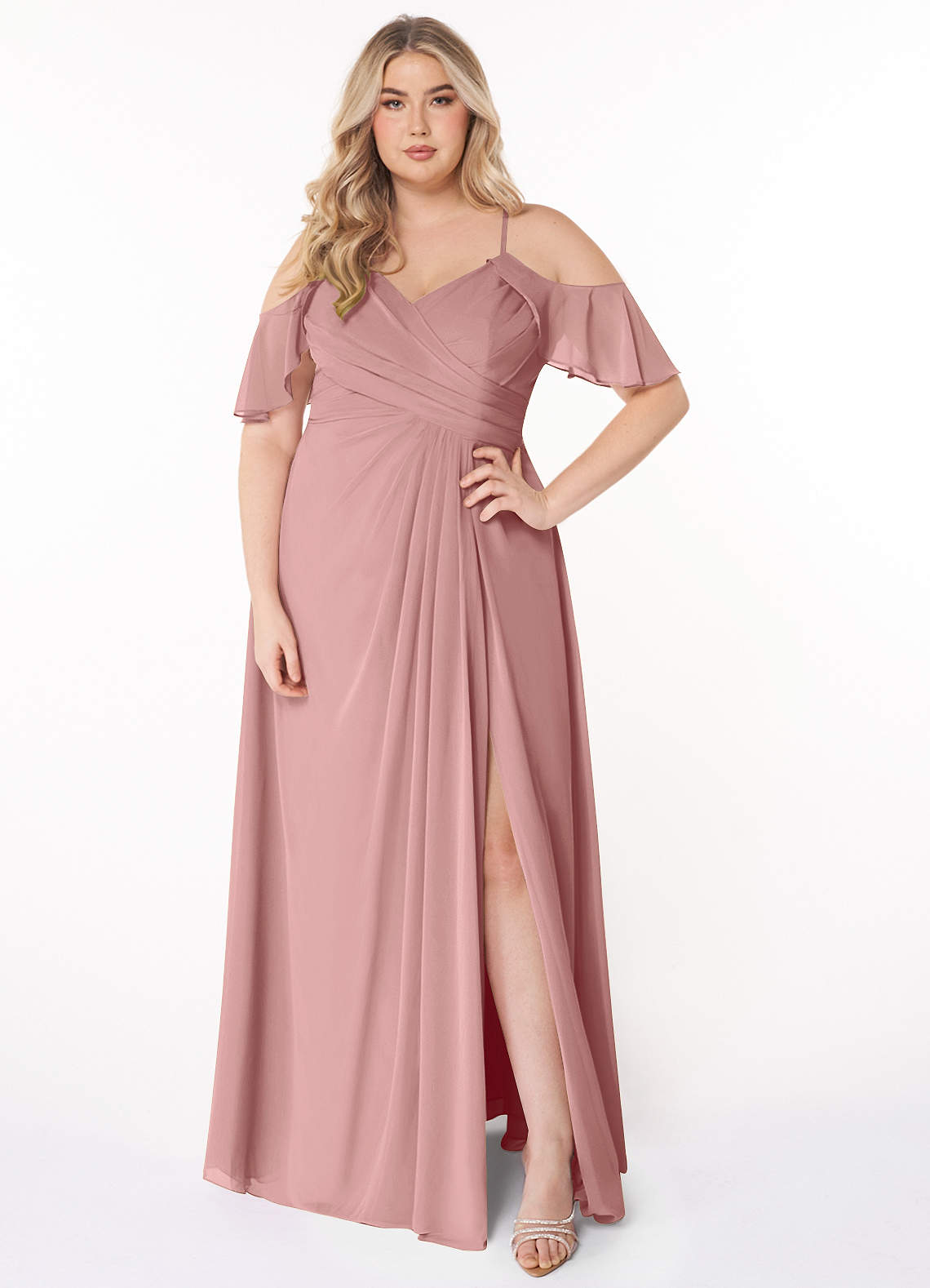 Azazie Dakota Bridesmaid Dresses Dusty Rose A-Line V-Neck Pleated Chiffon Dress image1