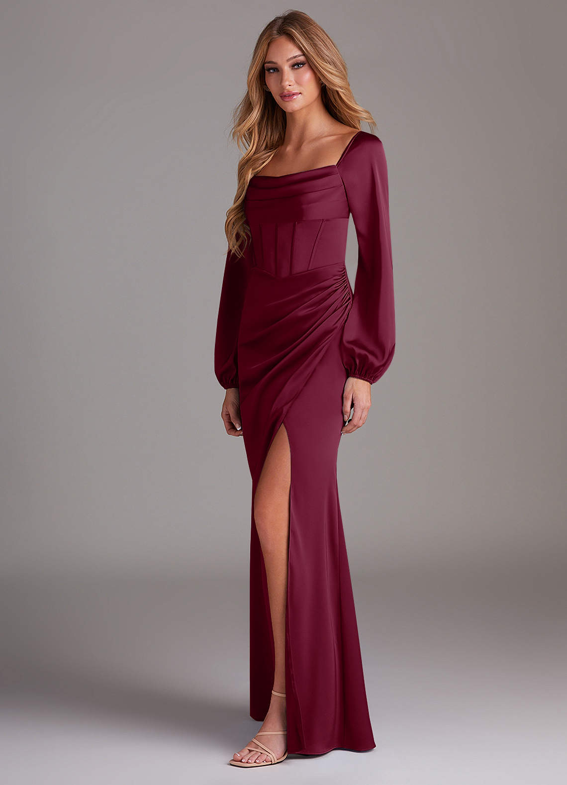 mulberry silk bridesmaid dress S Champagne Beige Satin Wrap Maxi Bridesmaid Dress – Long Sleeve Wedding Gown