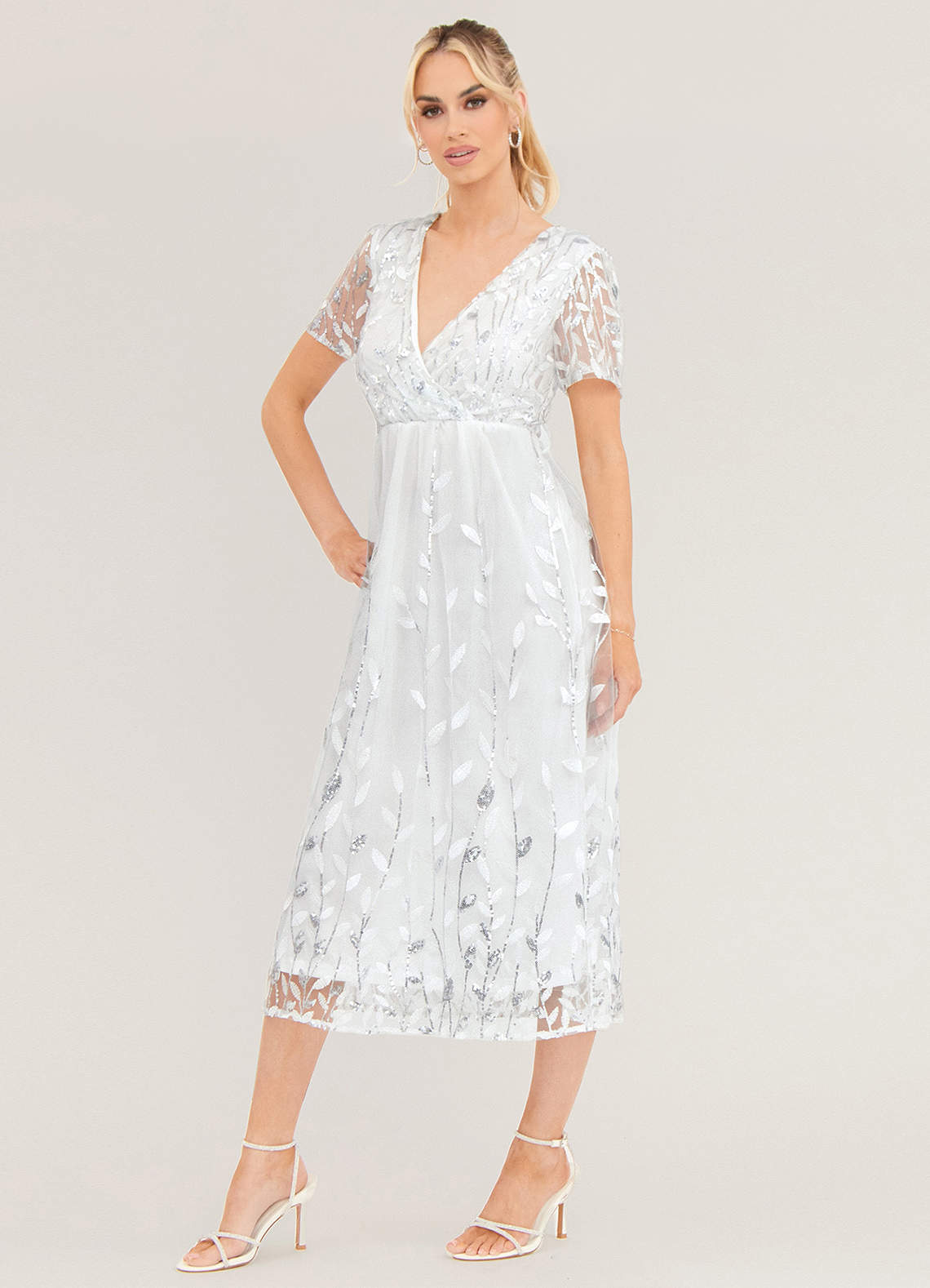 Light Up Beauty White Floral Sequin Short Sleeve Maxi Dress image1