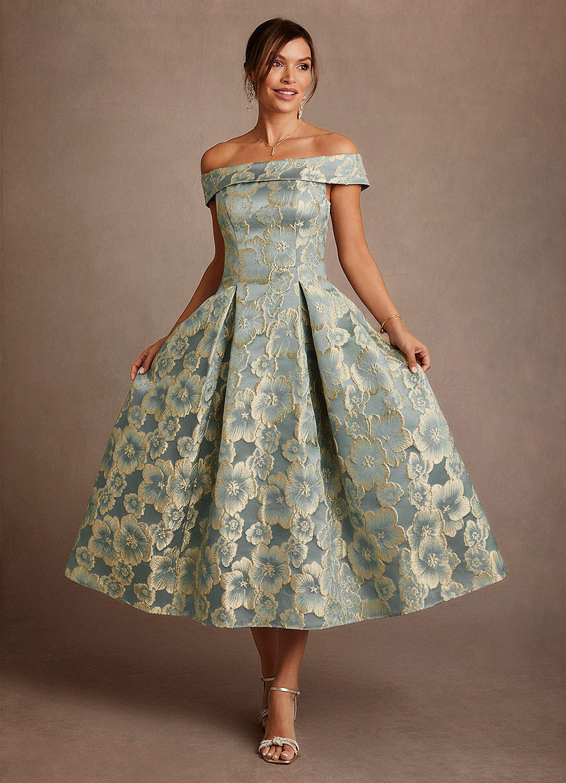Azazie Centralia Mère de la mariée Robes Robe Trapèze en Jacquard Floral Épaule décolletée Jacquard Bleu Turquoise image3