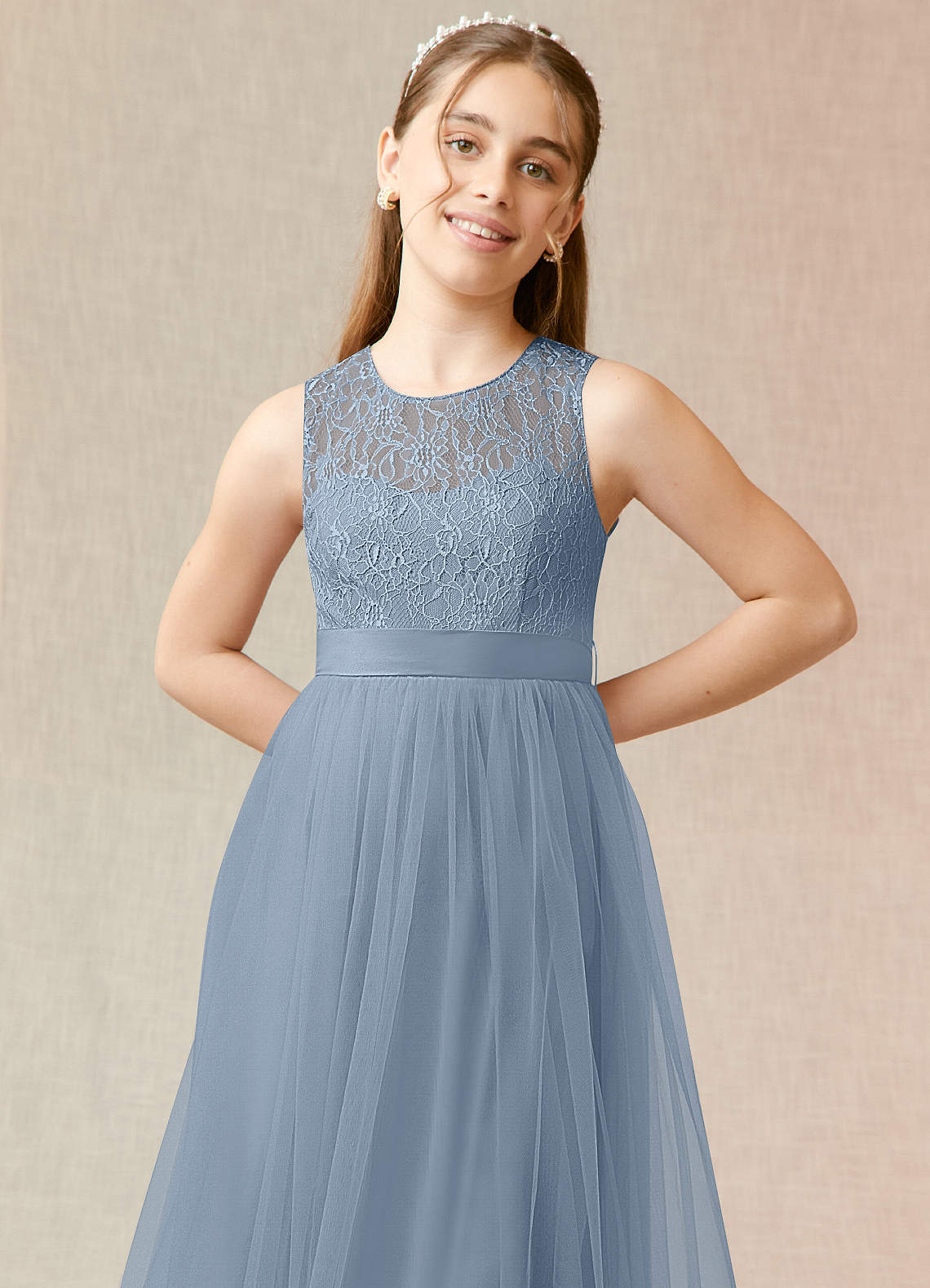 Azazie Georgette Junior Dusty Blue A-Line Lace Tulle Dress image4