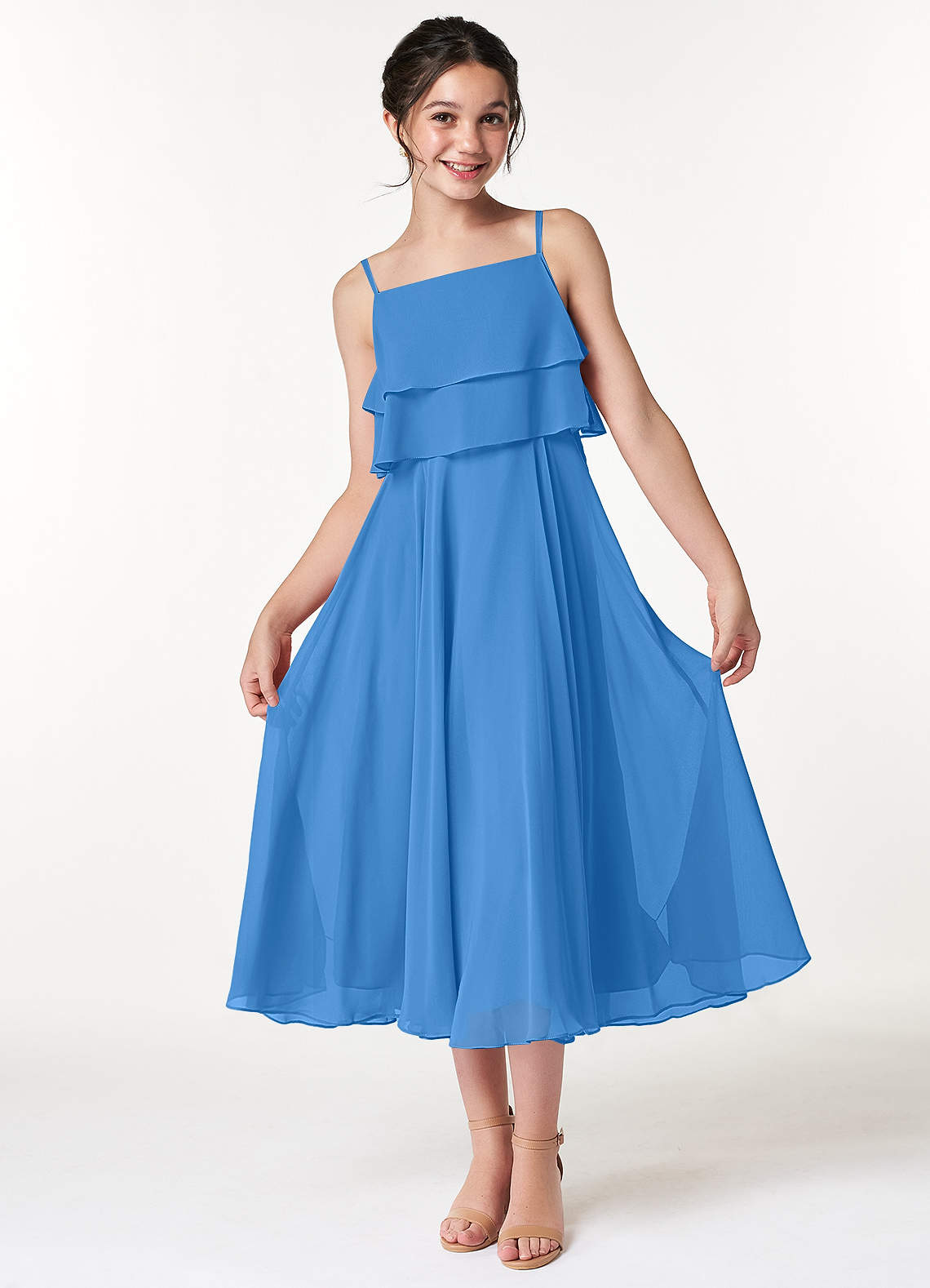 Azazie Ensley Junior Vestido de Azul Grisaceo de Gasa de Corte en A con Plisado image1