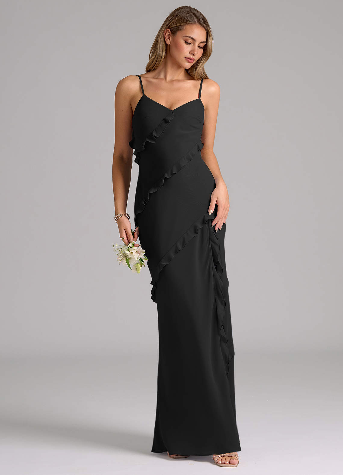 ruched bridesmaid dress long Aila Flowing A-Line Cowl Ruched Slit Long Chiffon Bridesmaid Dresses, Ivory main image 1