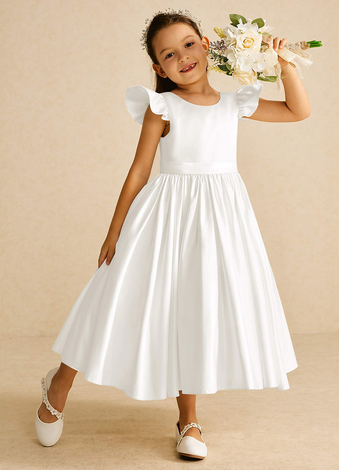 Azazie Violeta Flower Girl Dresses Ivory Ball-Gown Bow Matte Satin Dress image1
