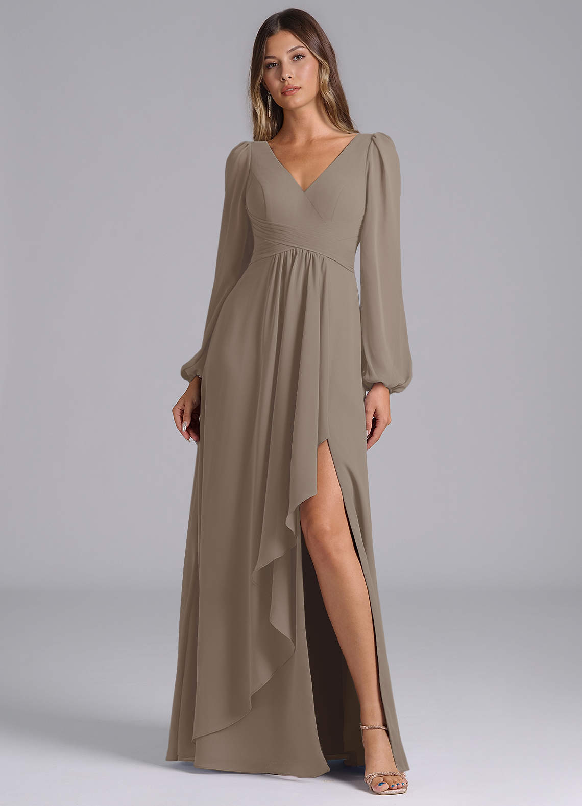 Azazie Omari Bridesmaid Dresses Taupe A-Line Long Sleeve Chiffon Dress image1