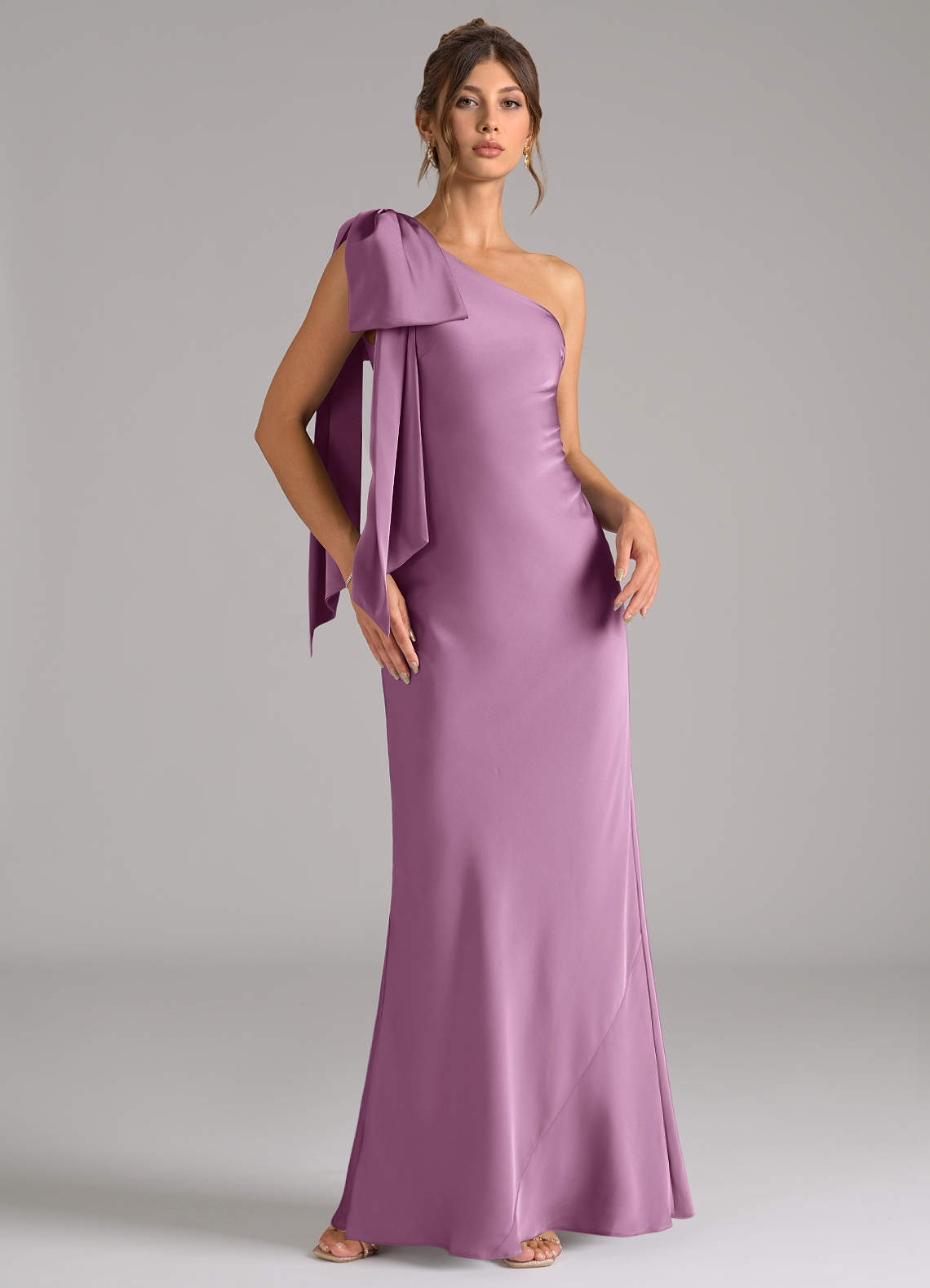 Azazie Capri Bridesmaid Dresses Wisteria Mermaid One Shoulder Stretch Satin Dress image1