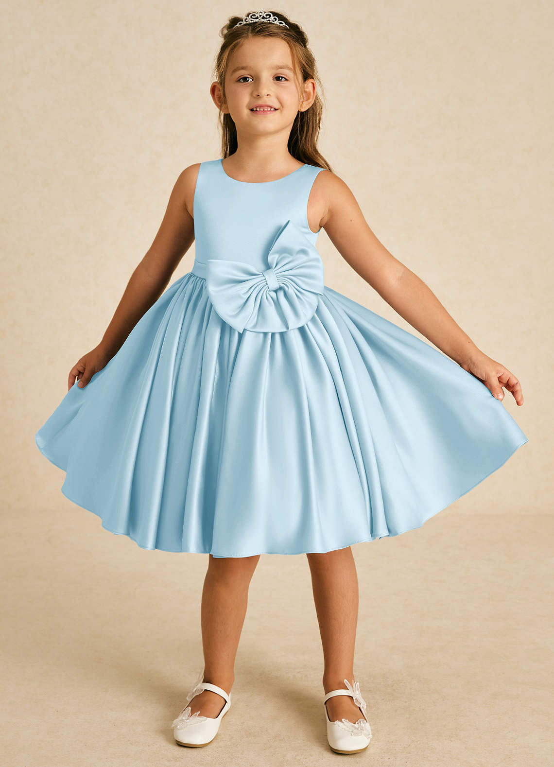 Azazie Apple Flower Girl Dresses Sky Blue A-Line Bow Matte Satin Dress image1