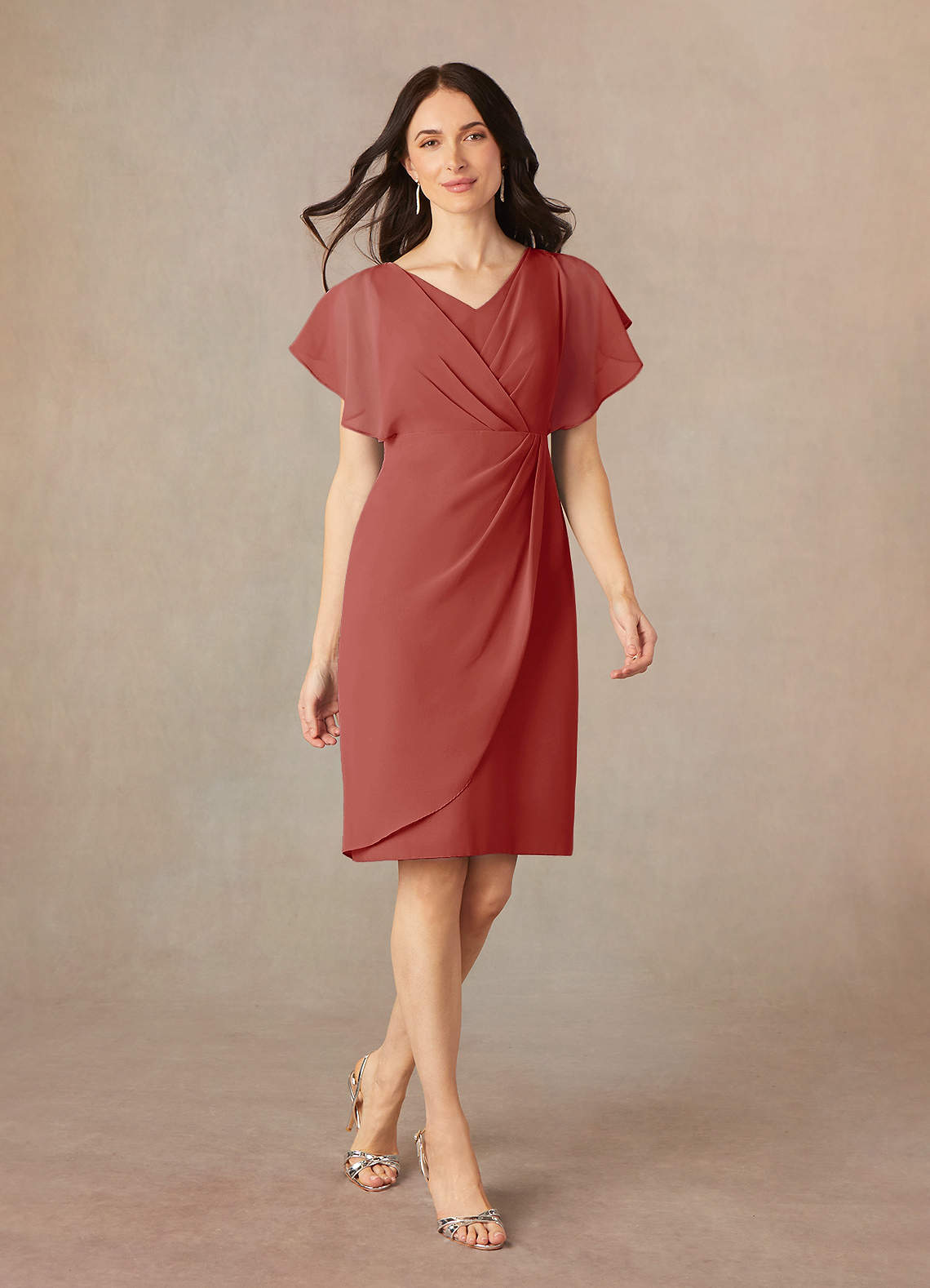 Azazie Julia Mother of the Bride Dresses Terracotta Sheath V-Neck Pleated Chiffon Dress image1