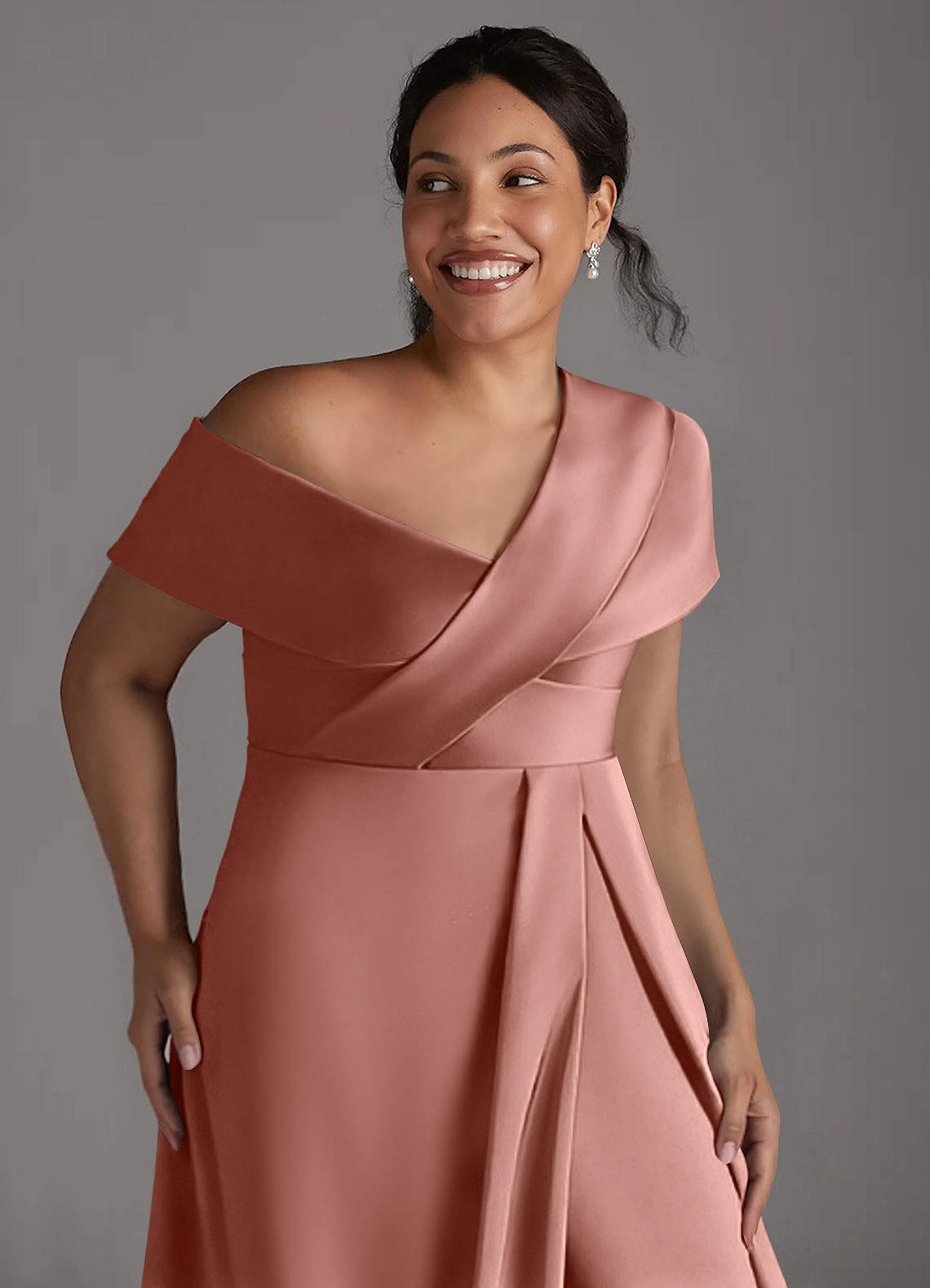 Azazie Milton Mother of the Bride Dresses Rosette A-Line Pleated Stretch Satin Dress image12