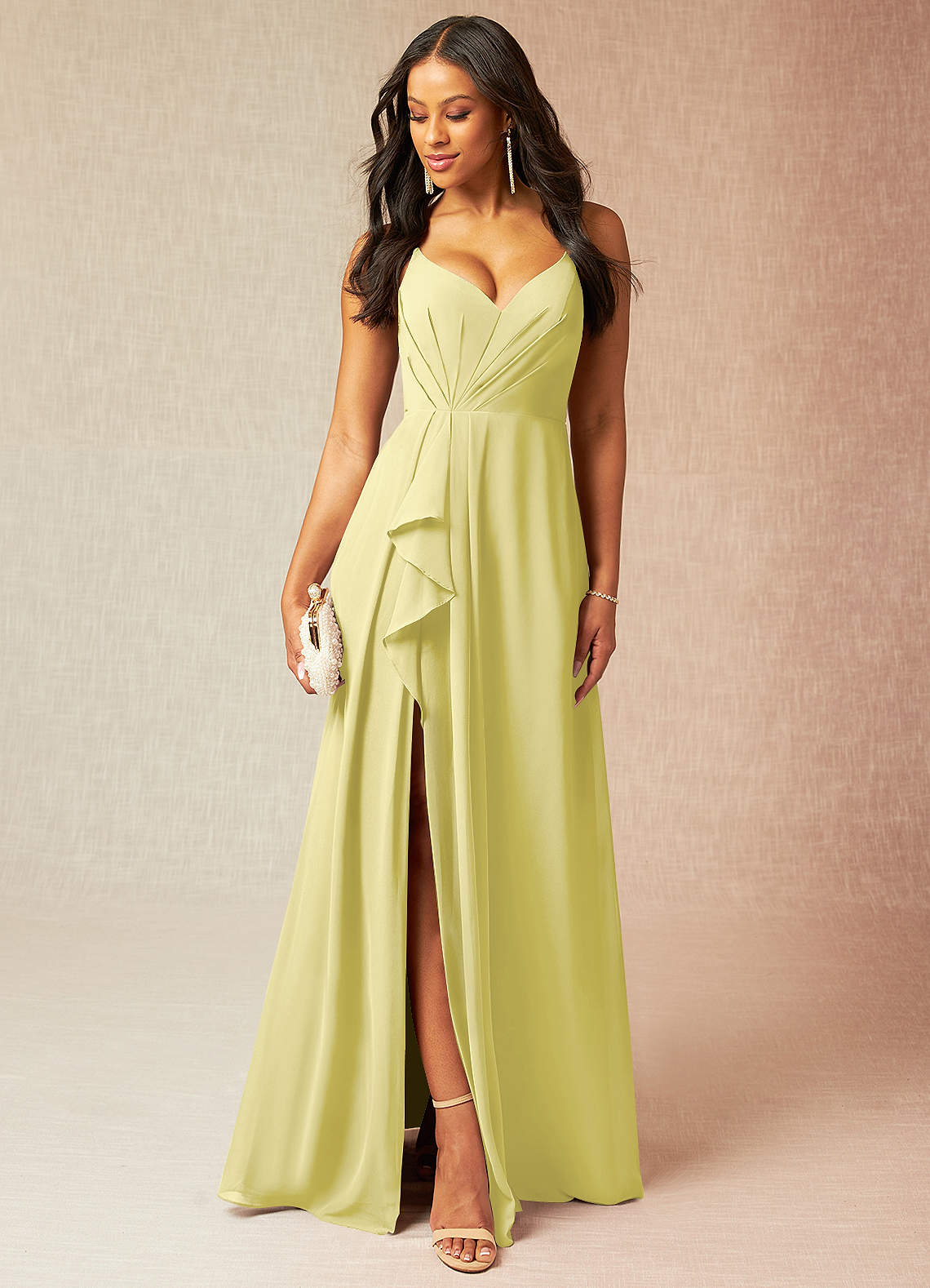 Azazie Kyedae Bridesmaid Dresses Lemon Sorbet A-Line V-Neck Pleated Chiffon Dress image1