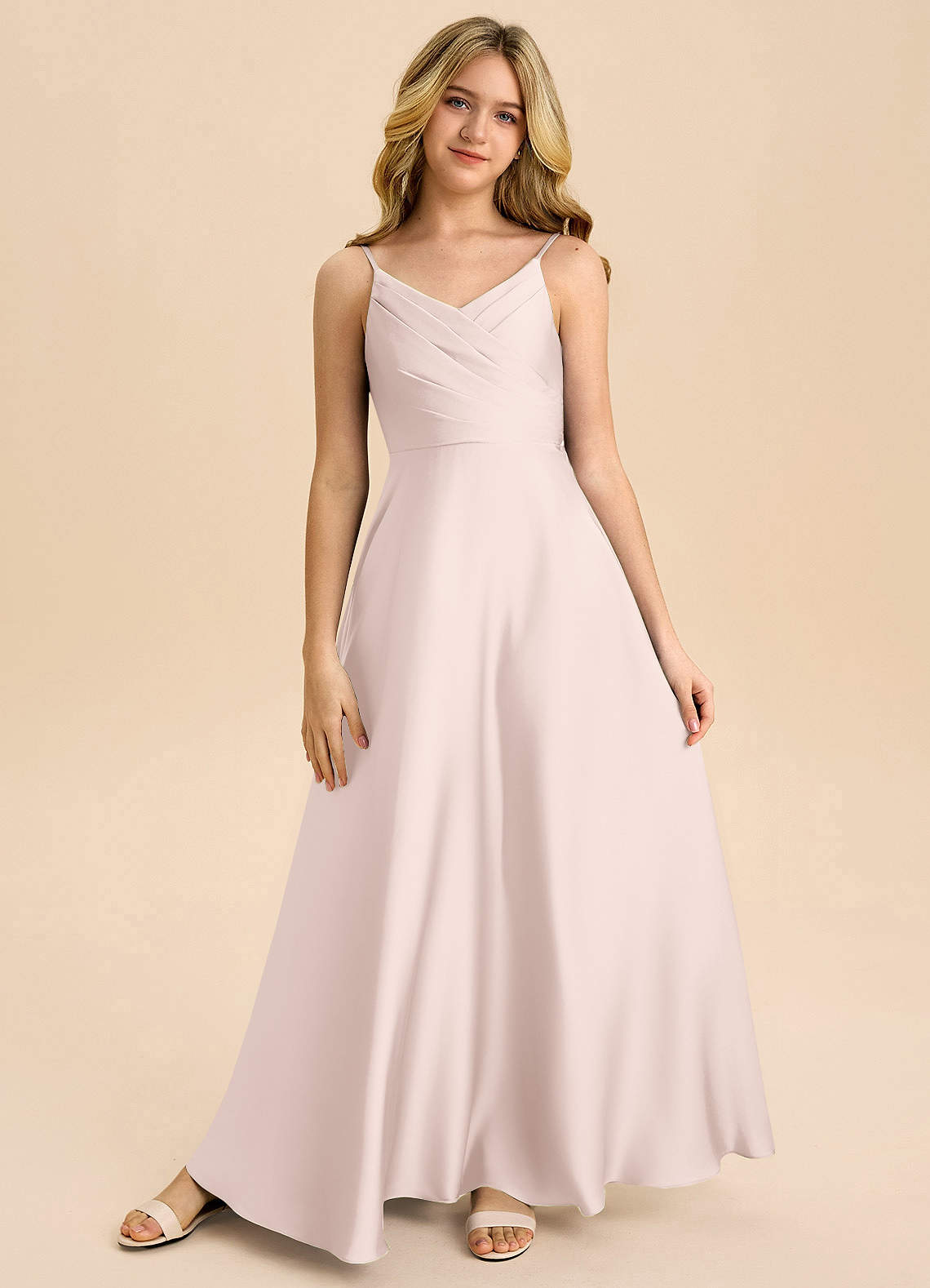 Azazie Bug Junior Linia A Pofałdowany Satyna elastyczna Długość podłogi Młodsza druhna Sukienka image4