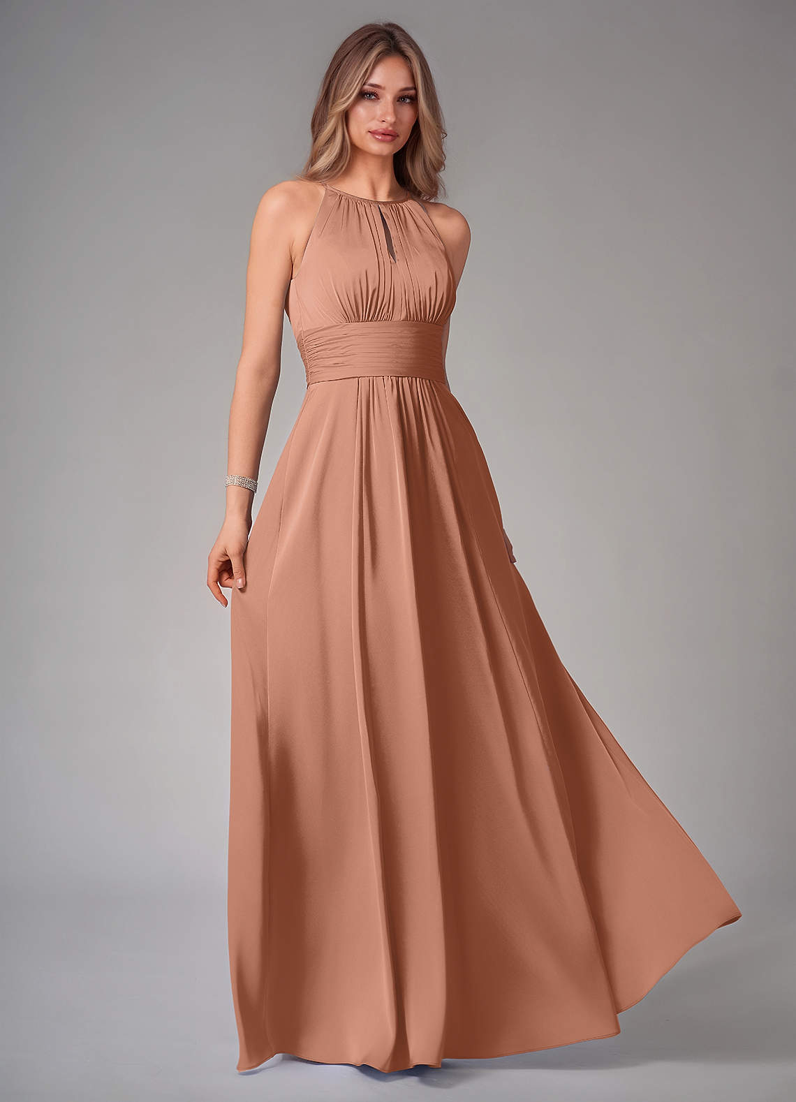 Azazie Bonnie Bridesmaid Dresses Bronzer A-Line Pleated Stretch Satin Dress image1