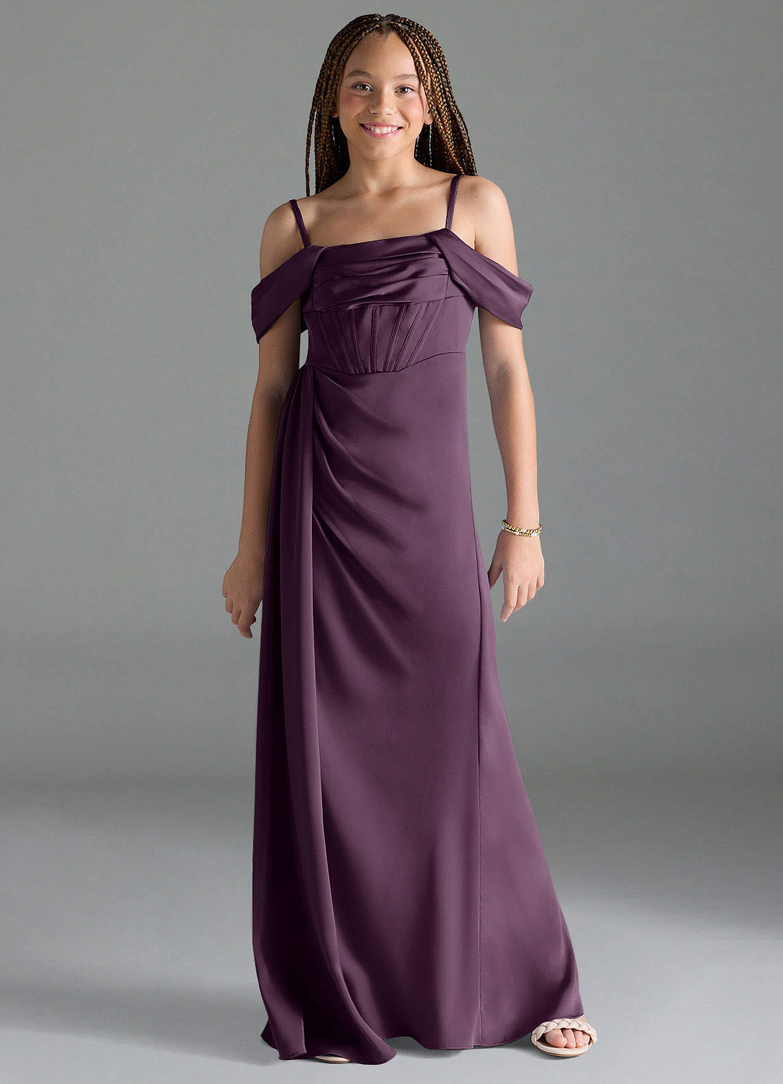 Azazie Amyra Junior Plum Sheath Off the Shoulder Stretch Satin Dress image1