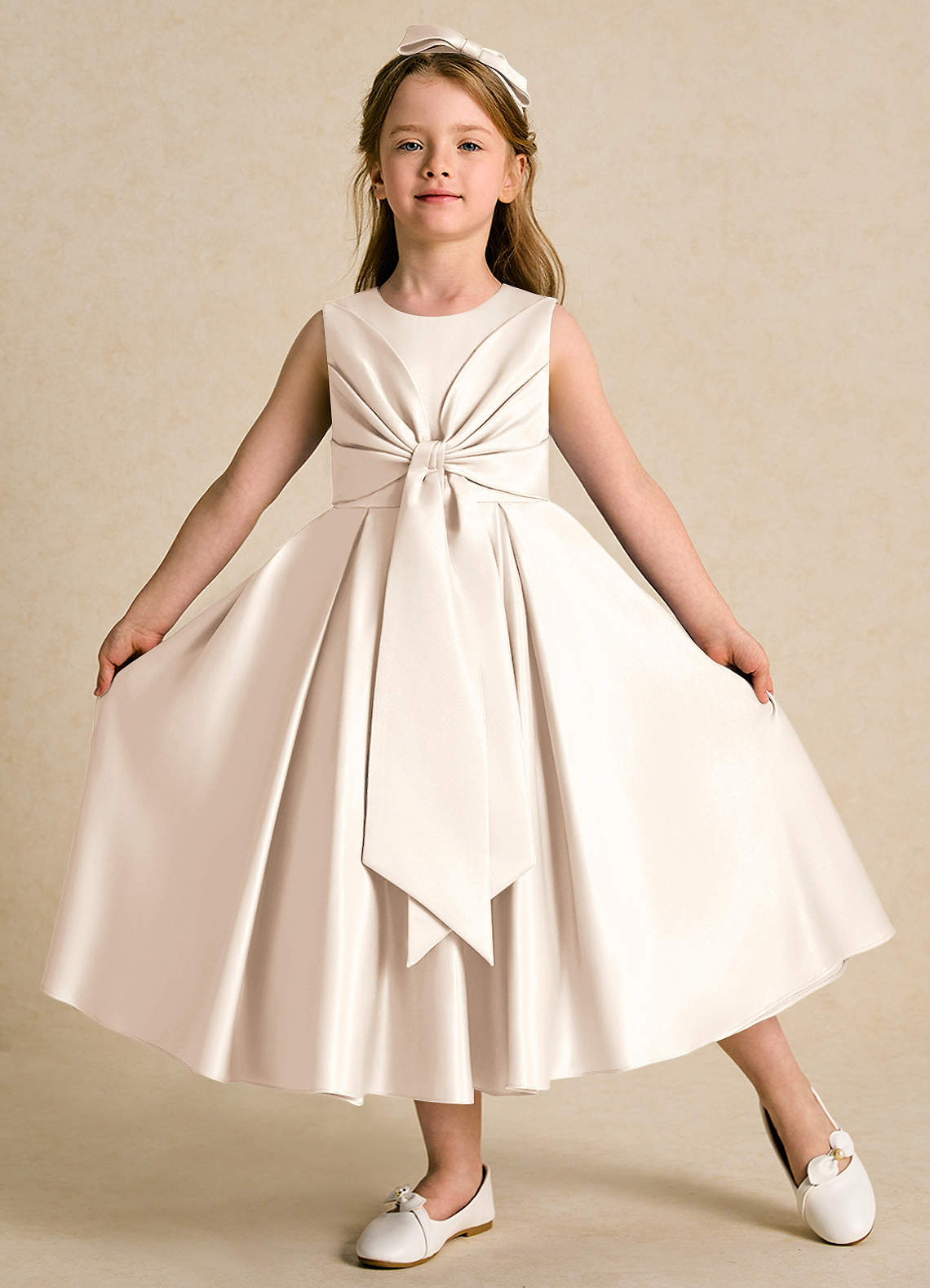 Azazie Lady Flower Girl Dresses White Alabaster A-Line Pleated Matte Satin Dress image1