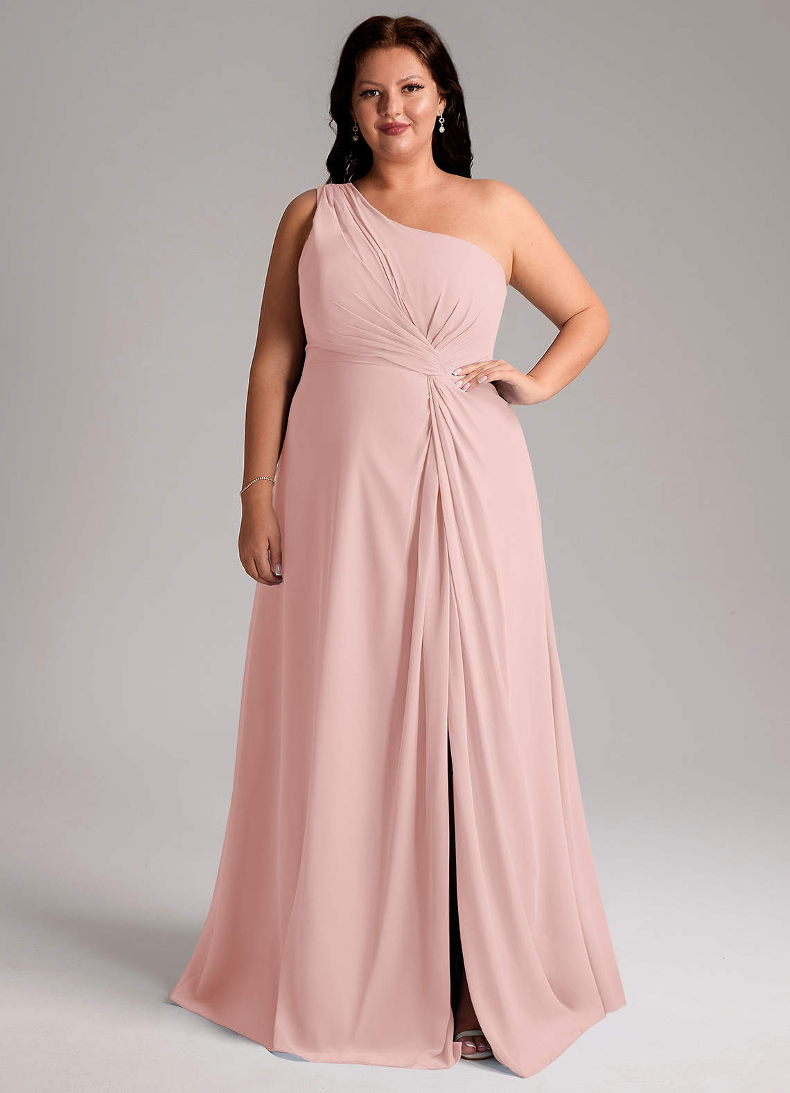 Azazie Brooke Bridesmaid Dresses Powder Pink A-Line One Shoulder Chiffon Dress image7