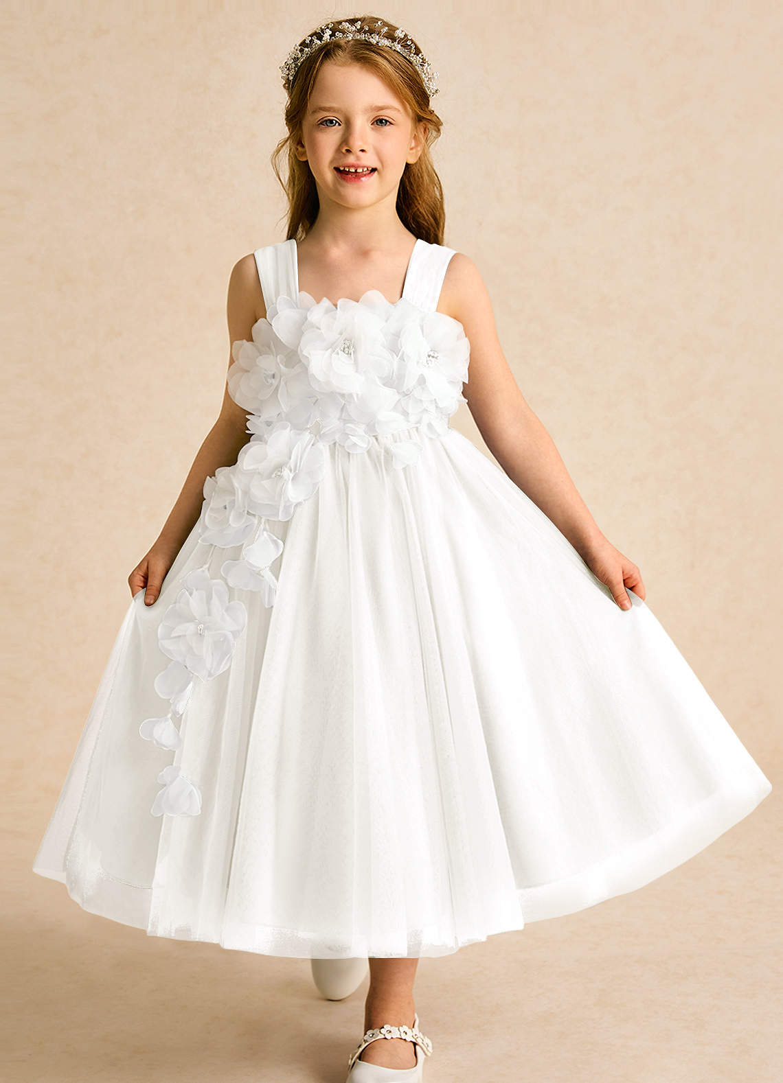 Azazie Dovey Flower Girl Dresses Ivory Ball-Gown Bow Tulle Dress image1